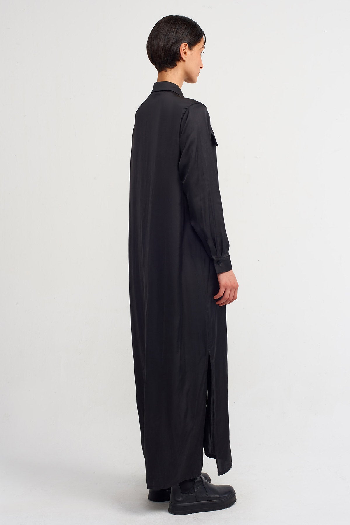 Siyah Uzun Saten Gömlek Elbise-K234014116