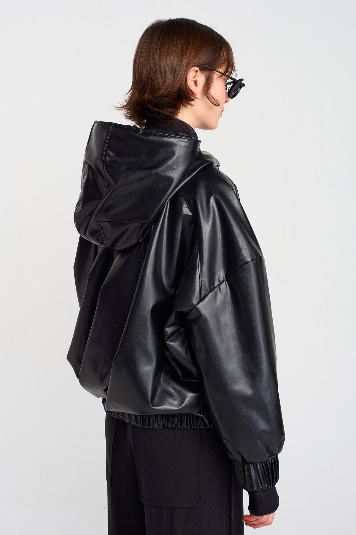 Siyah Vegan Deri Sweatshirt-K251011034