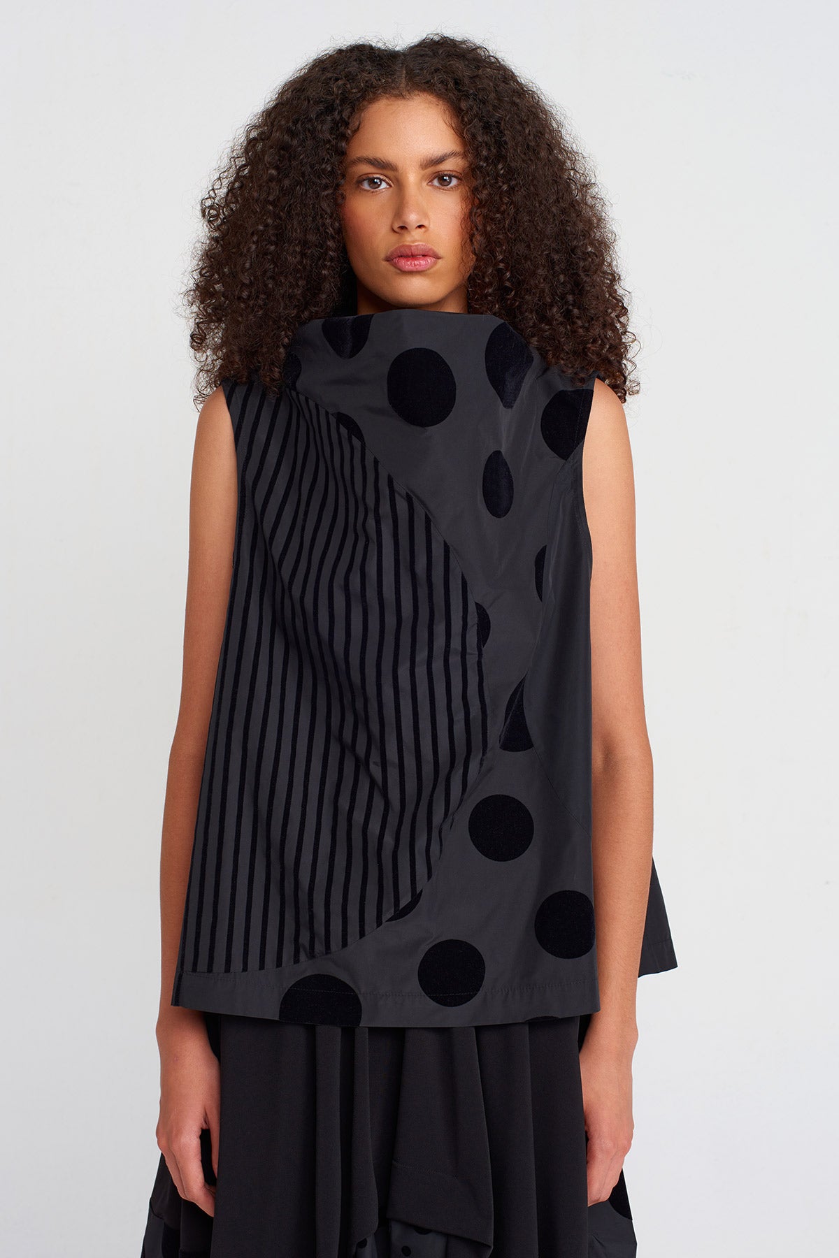 Multicolor Velvet Polka Dot and Stripe Patterned Taffeta Blouse-K251011052