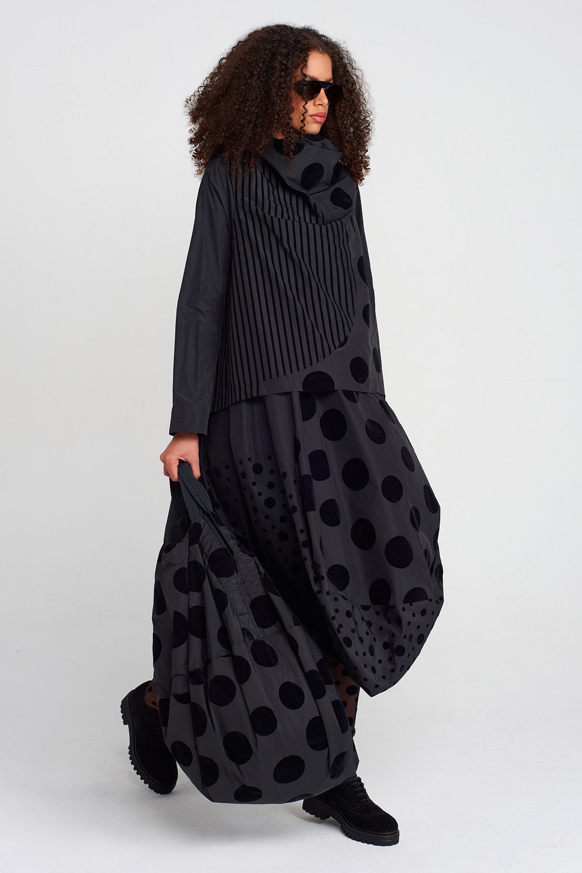 Multicolor Velvet Polka Dot and Stripe Patterned Taffeta Blouse-K251011052