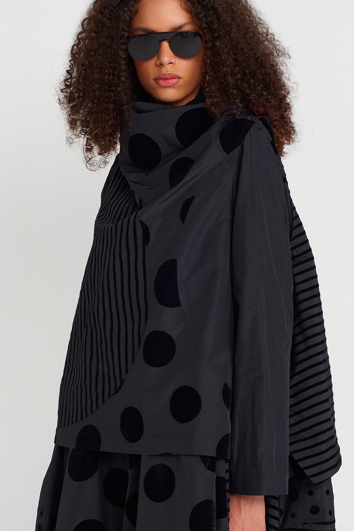 Multicolor Velvet Polka Dot and Stripe Patterned Taffeta Blouse-K251011052