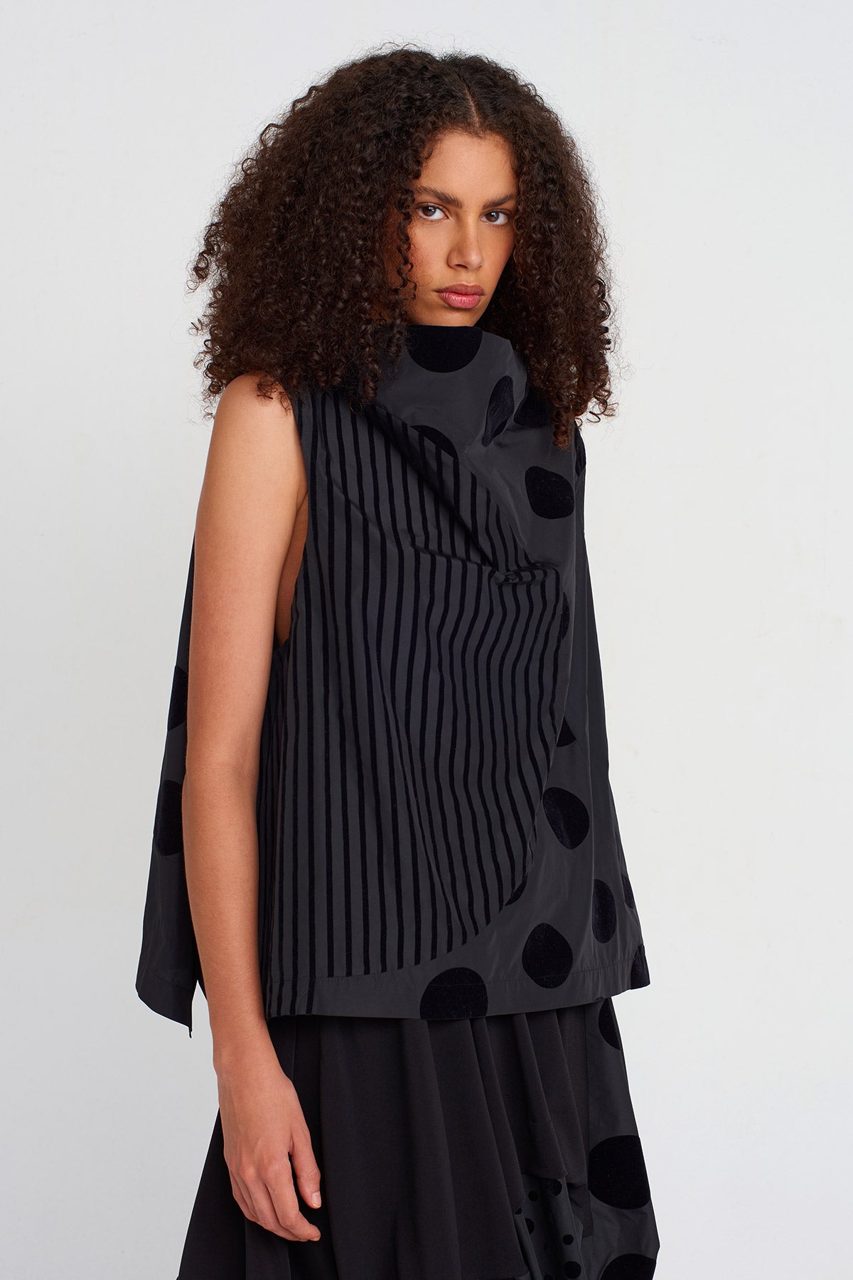 Multicolor Velvet Polka Dot and Stripe Patterned Taffeta Blouse-K251011052