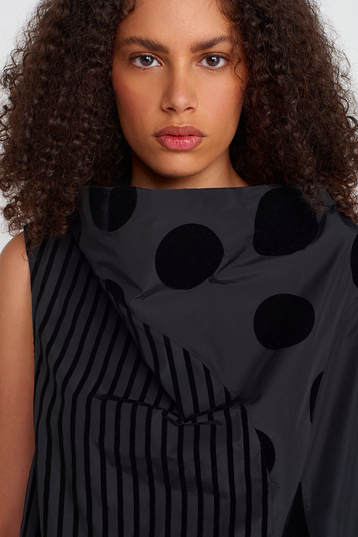 Multicolor Velvet Polka Dot and Stripe Patterned Taffeta Blouse-K251011052