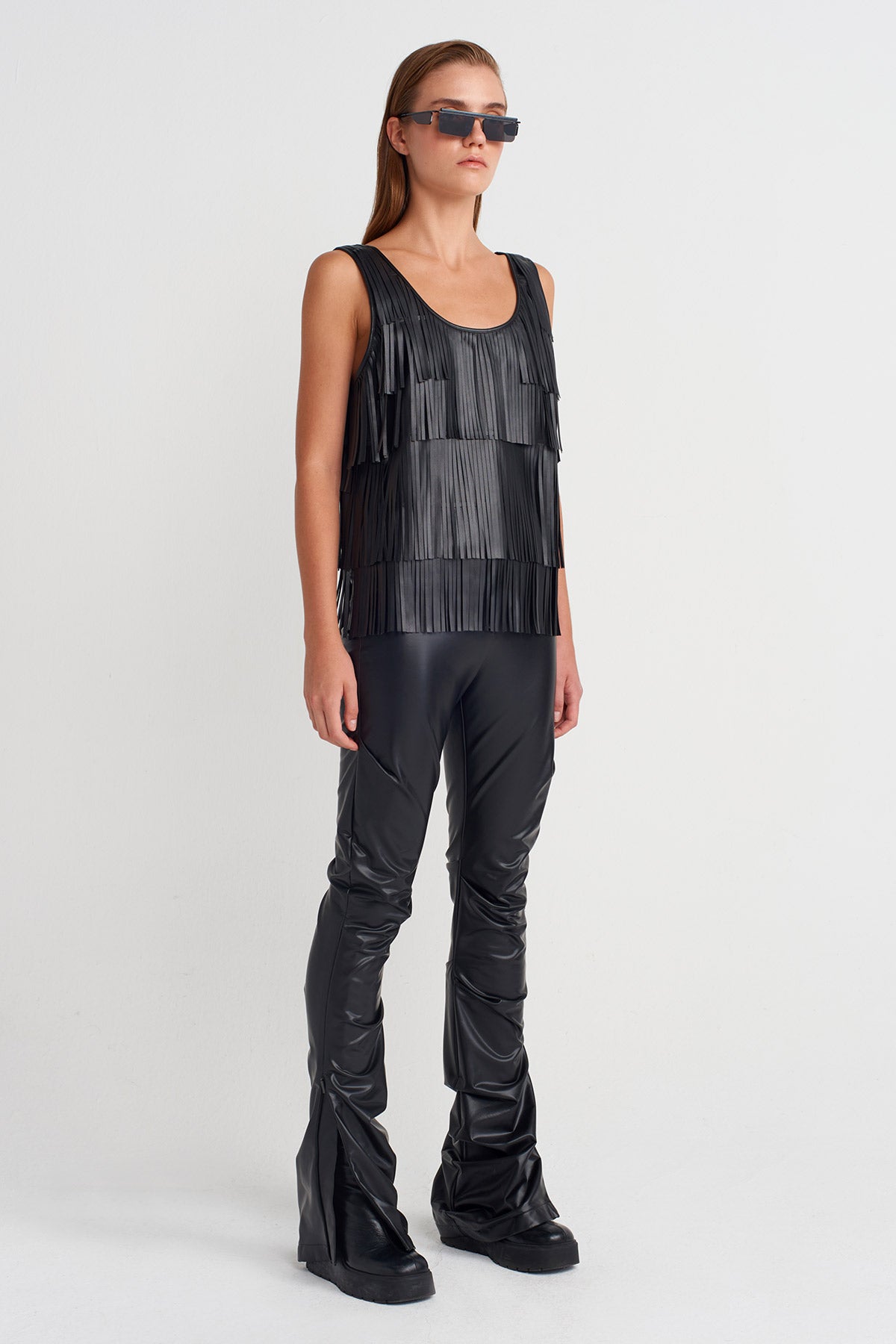 Black Vegan Leather Tassel Blouse-K251011080