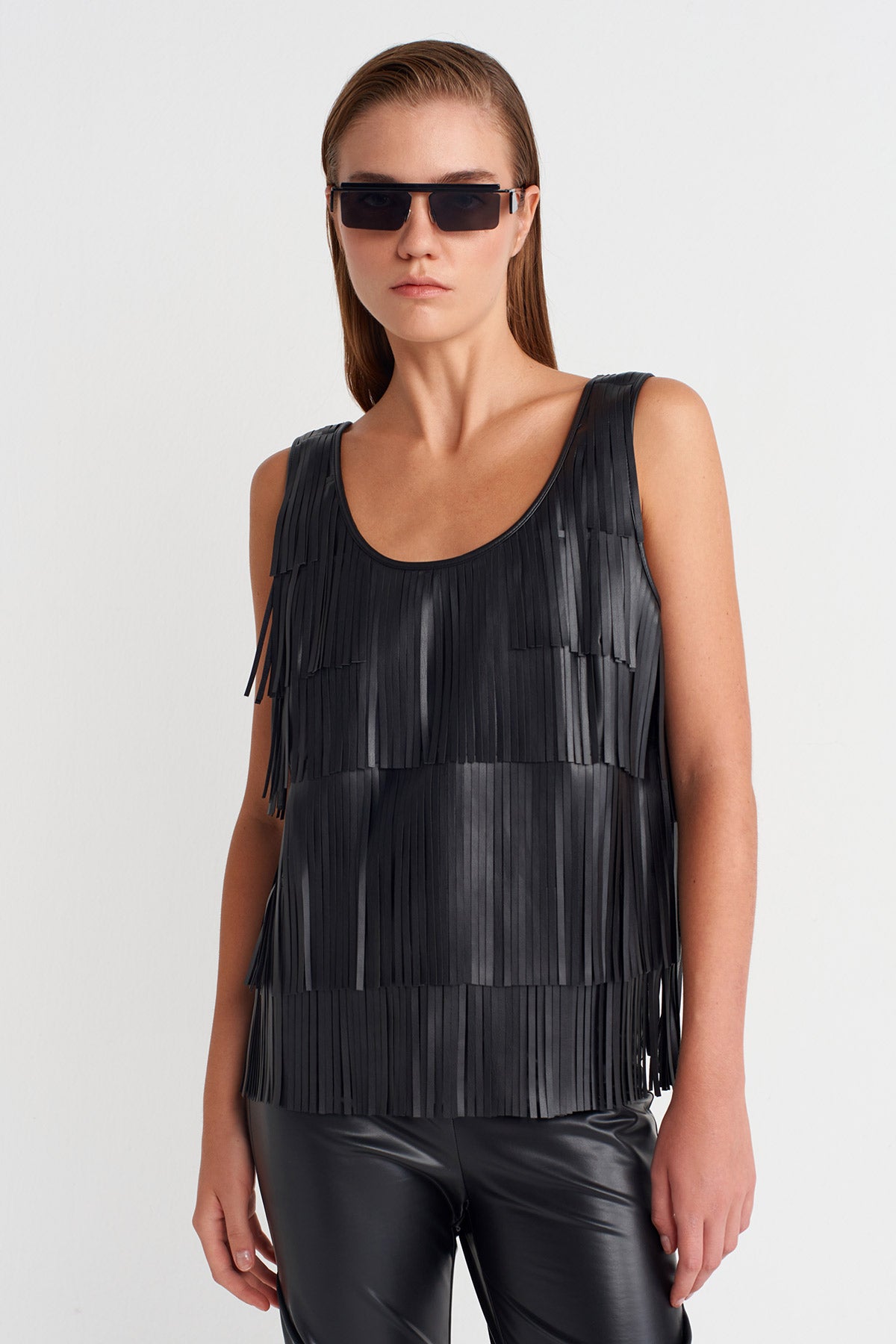 Black Vegan Leather Tassel Blouse-K251011080
