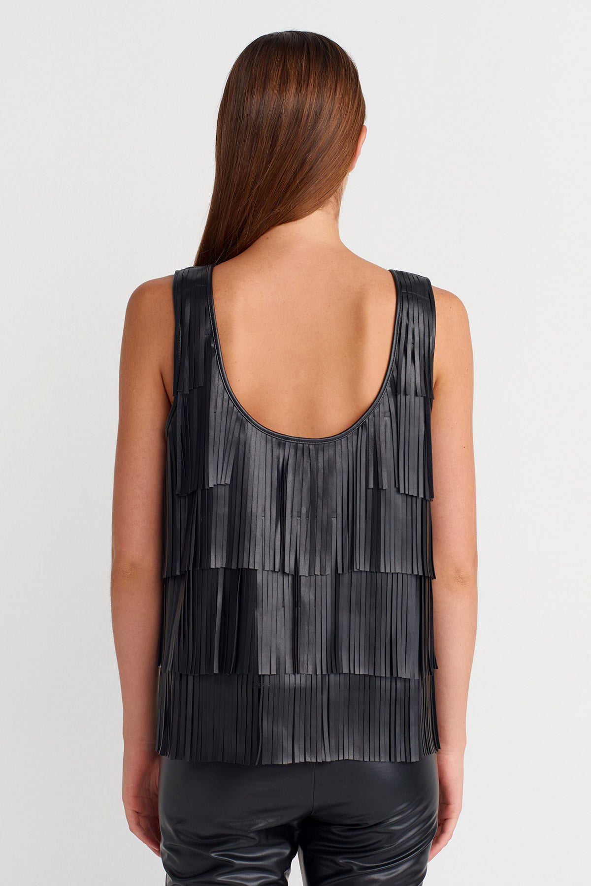 Black Vegan Leather Tassel Blouse-K251011080