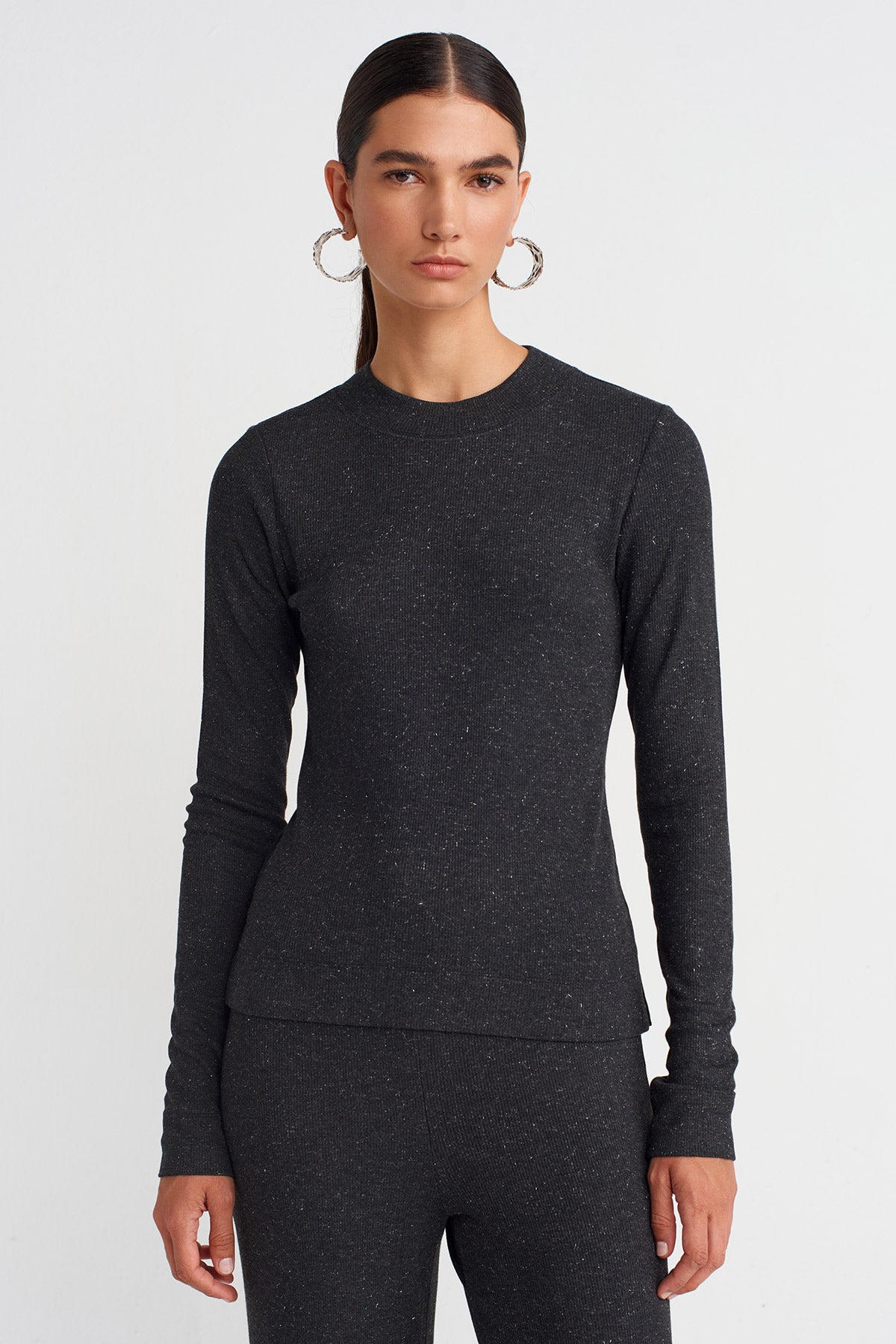 بلوزة كورسيه دانتيل فضية بلون أنثراسايت ميلانج - K251011105