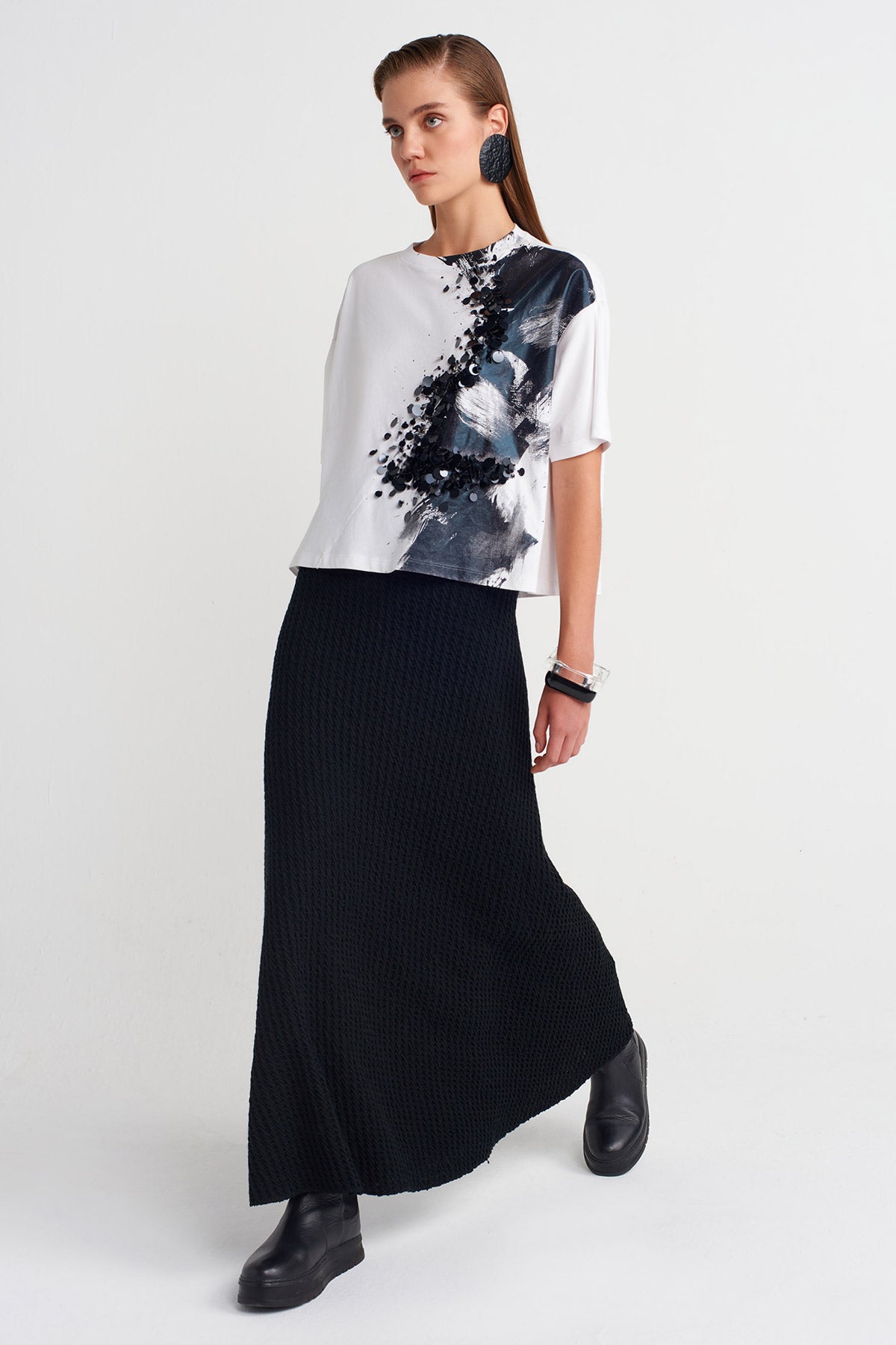 Beyaz / Siyah Baskı Desenli Basic T-shirt-K251011106