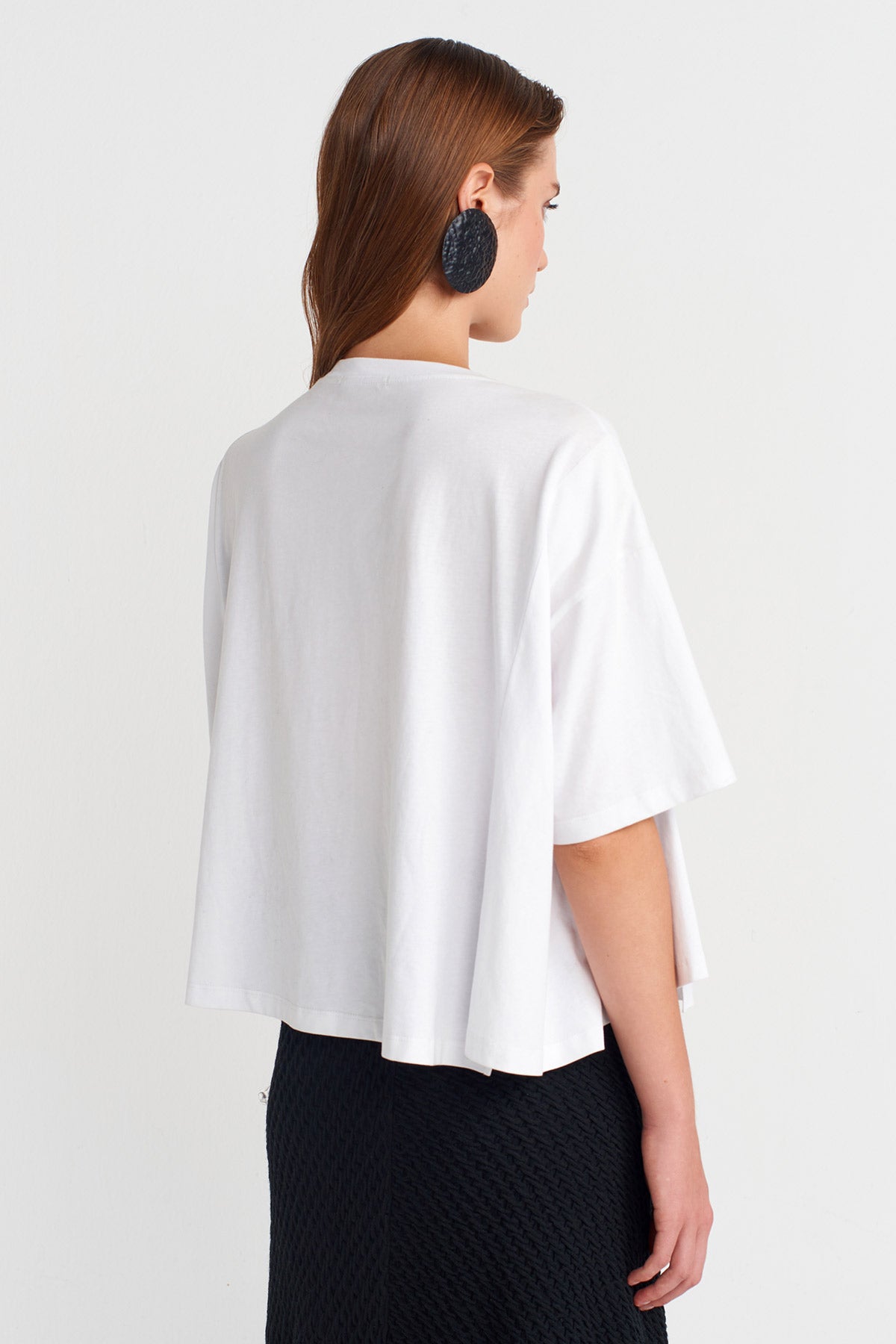 Beyaz / Siyah Baskı Desenli Basic T-shirt-K251011106