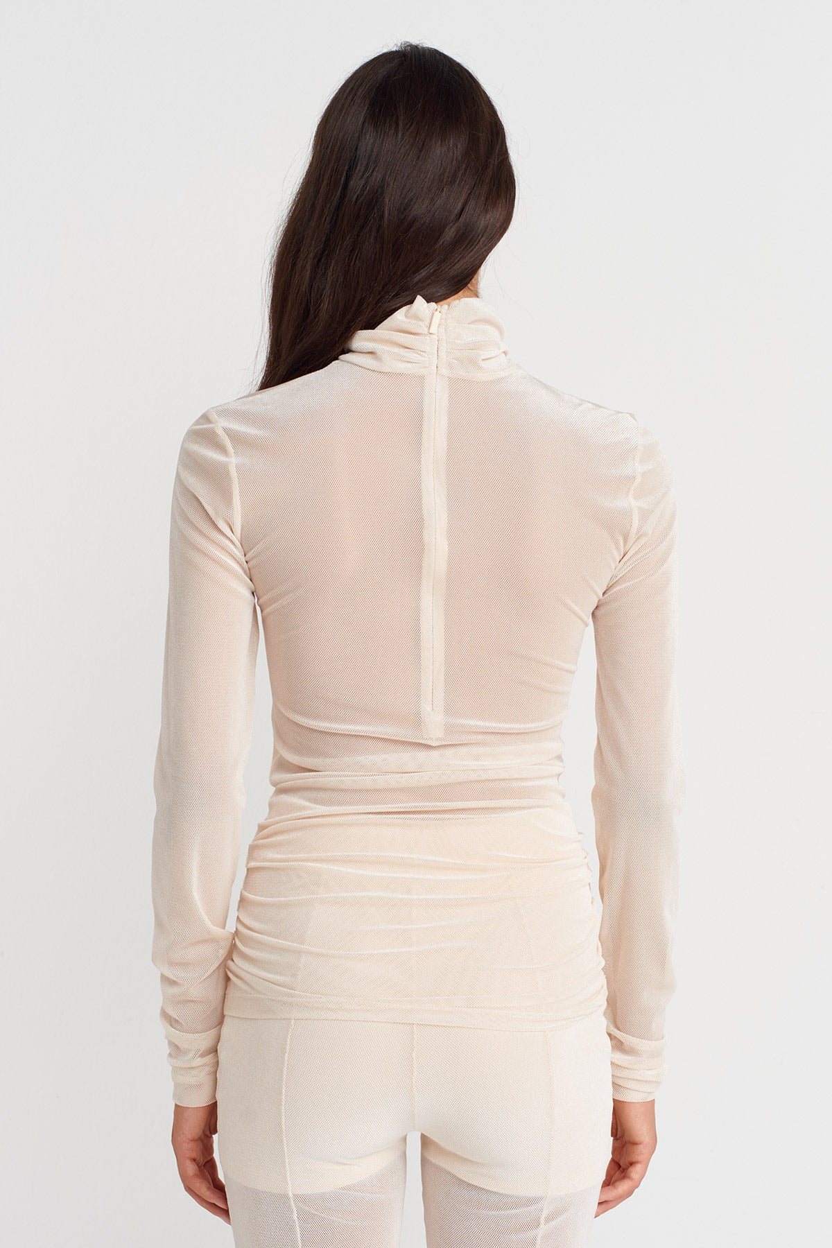 Natur Yanları Büzgülü Tül Body-K251011118