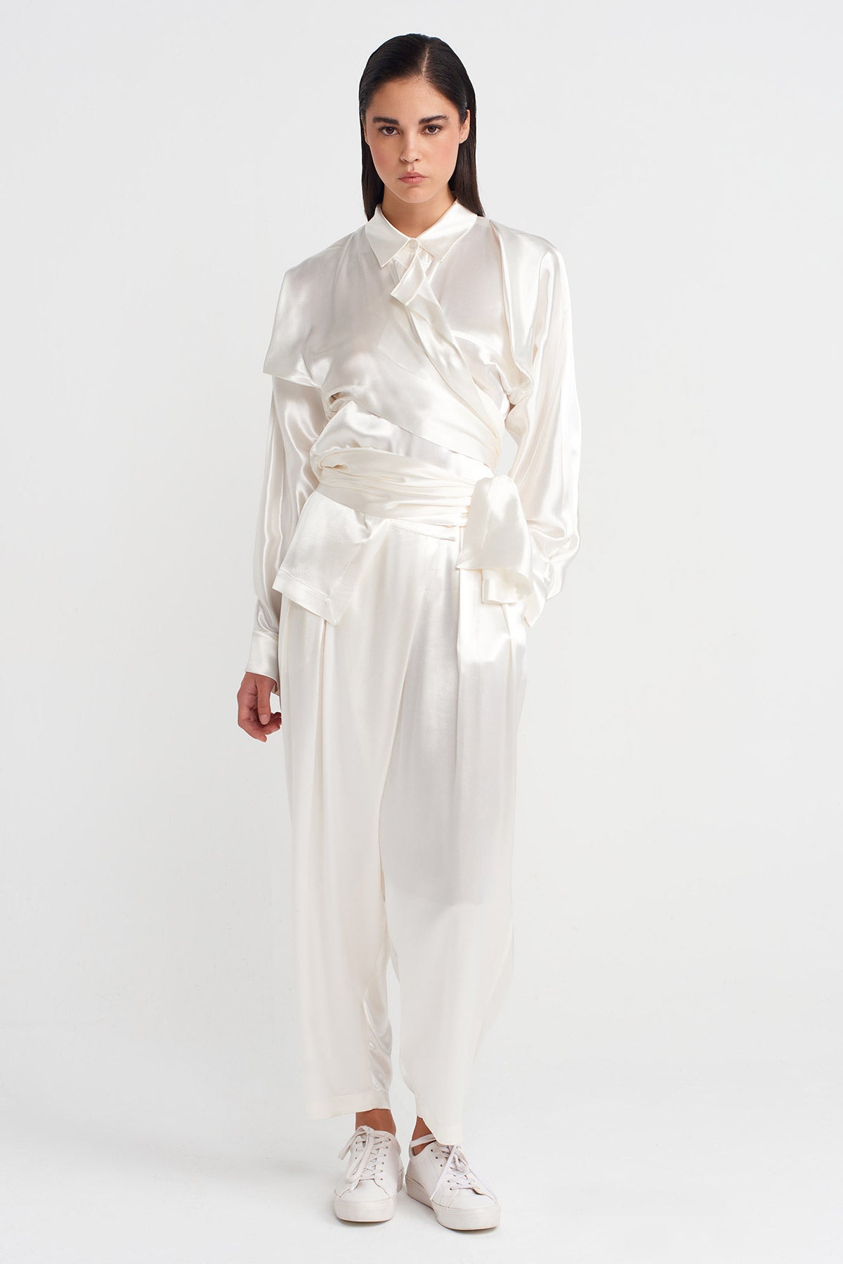 Kırık Beyaz Saten Samurai Gömlek-K251011122