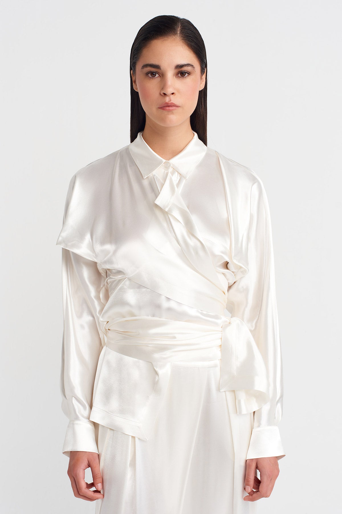 Kırık Beyaz Saten Samurai Gömlek-K251011122