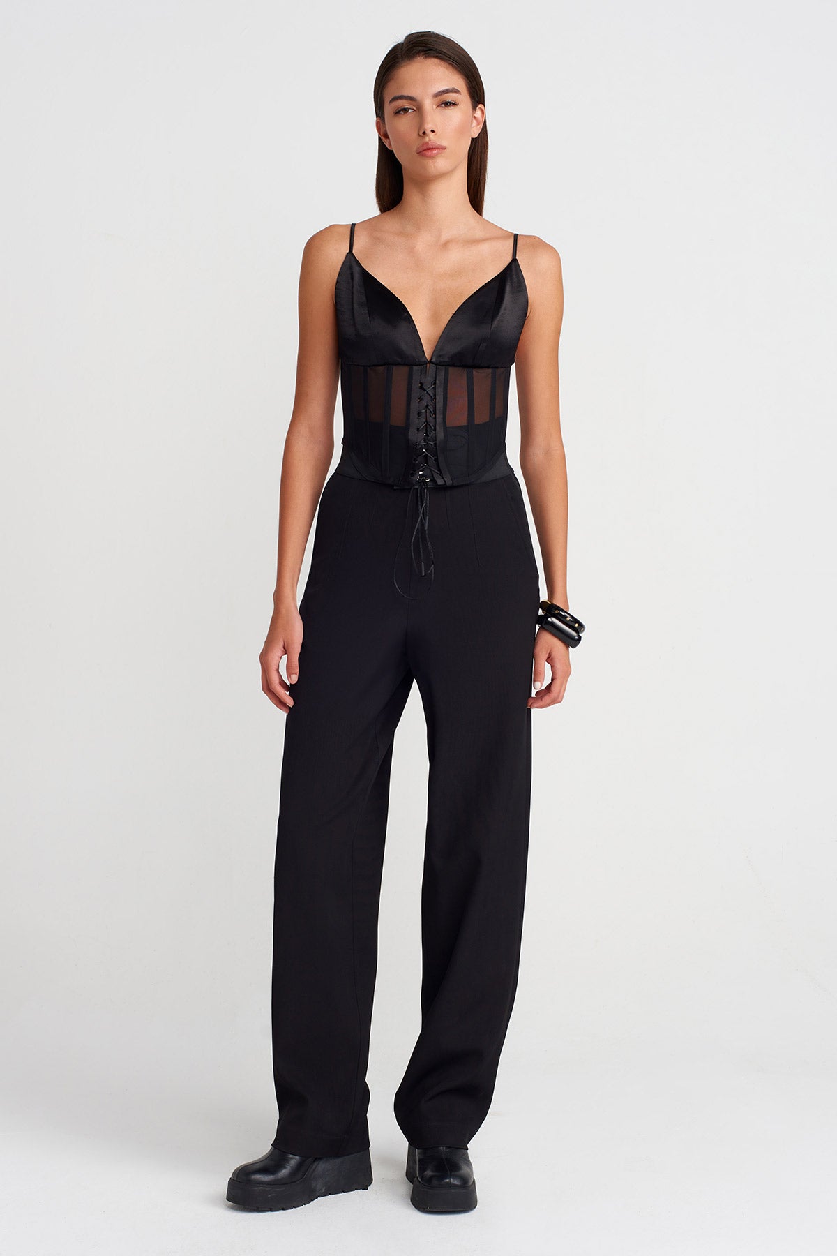 Siyah Saten Büstiyer Detaylı Tül Korse-K251011127