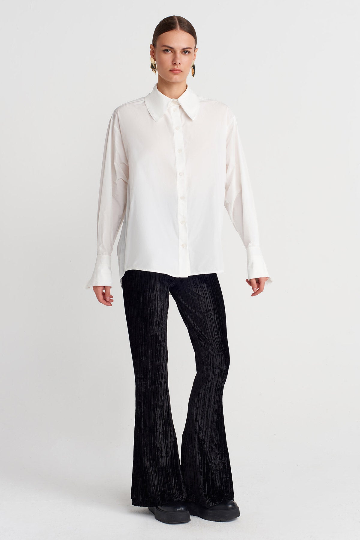 Kırık Beyaz Oversize İnce Tafta Gömlek-K251011128