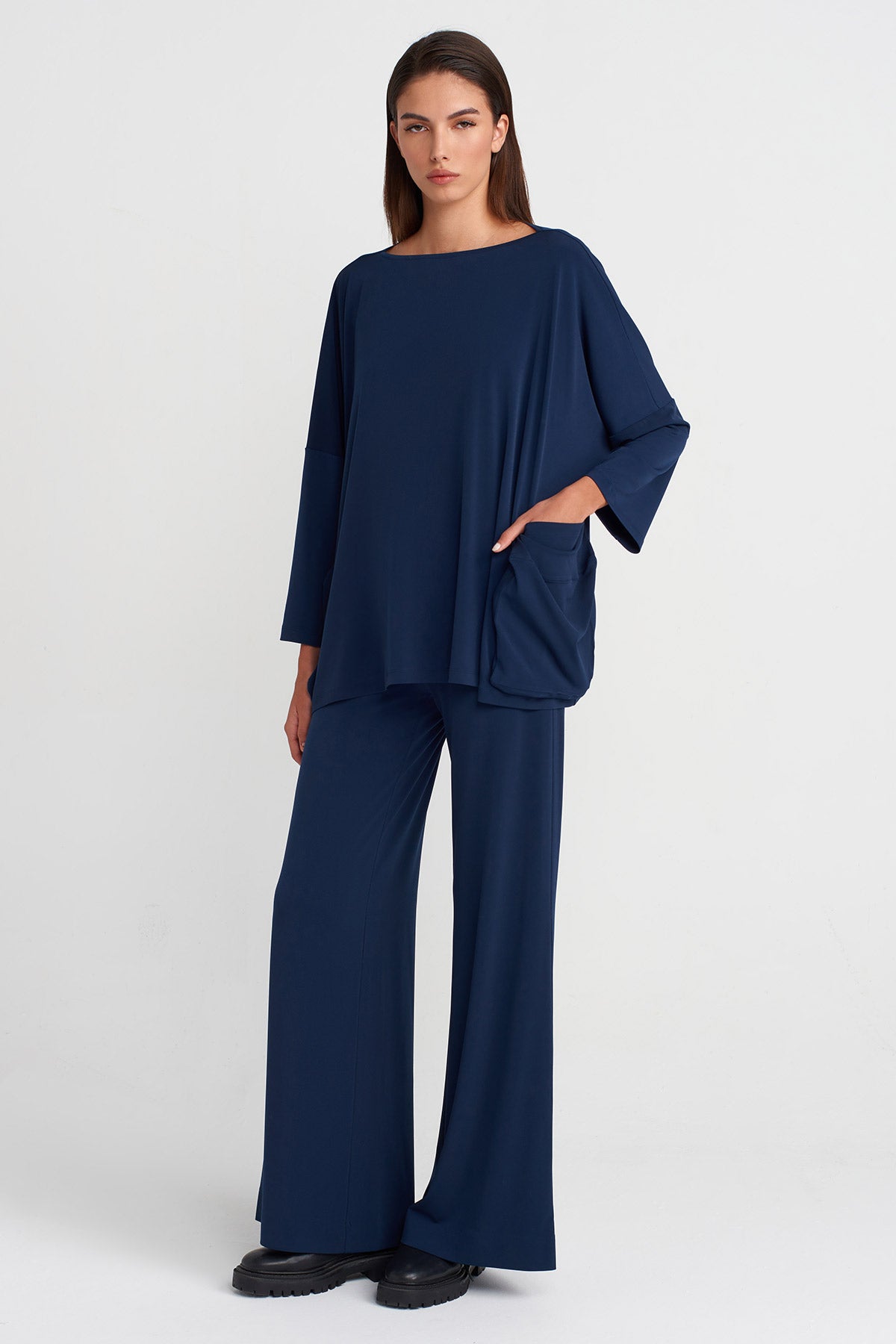 Black Blue Oversize Jersey Blouse-K251011139