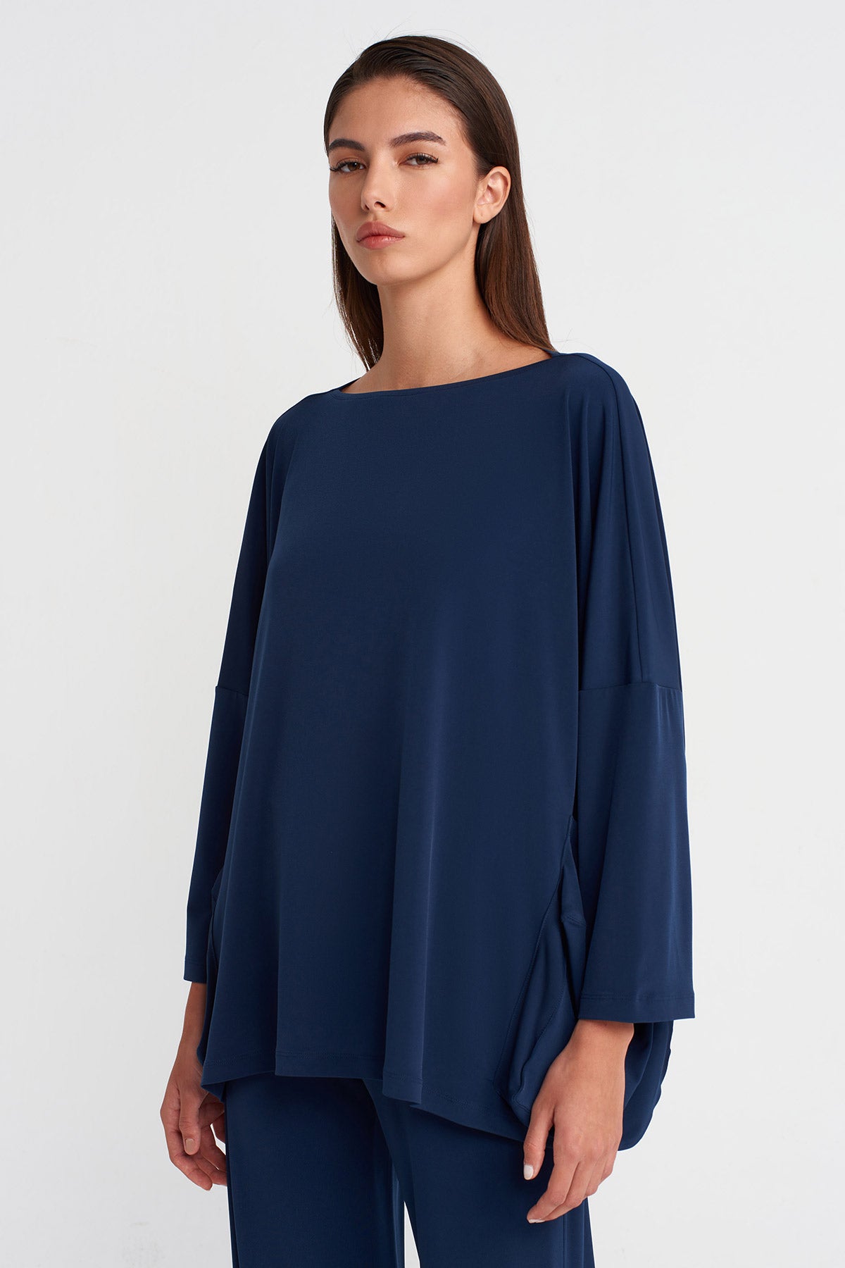 Black Blue Oversize Jersey Blouse-K251011139