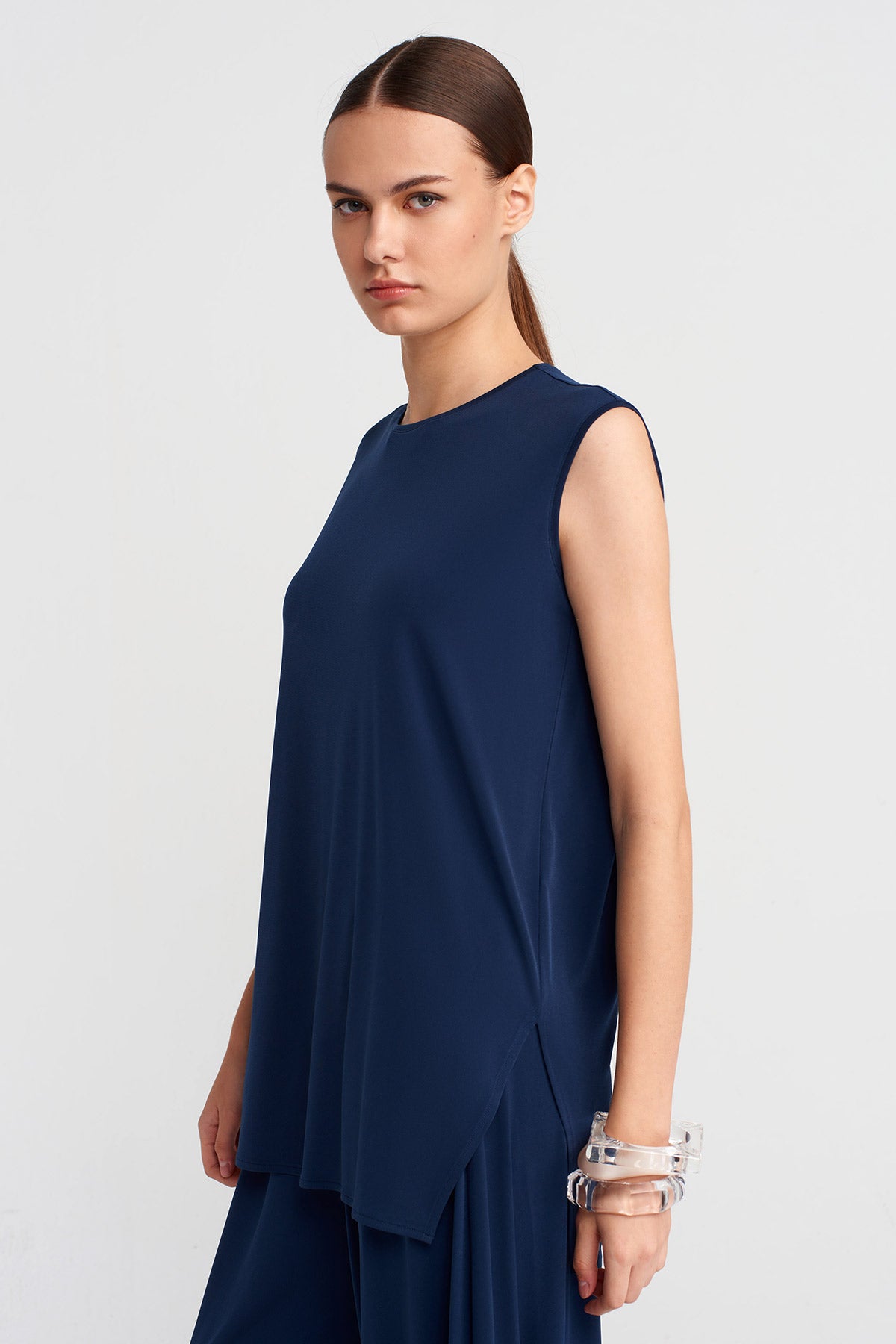 Black Blue Slit Detailed Jersey Blouse-K251011140