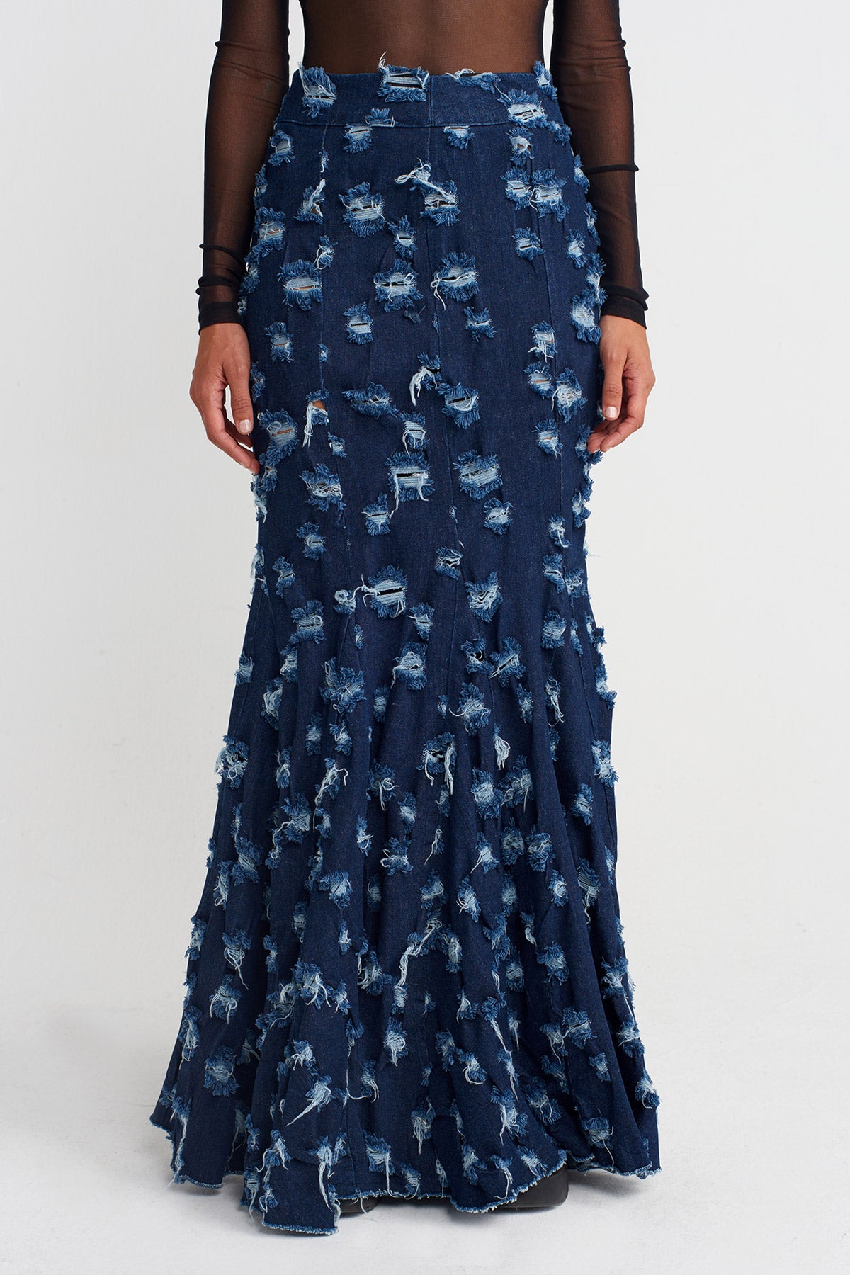 Indigo Ripped Fish Shape Denim Skirt-K252012022