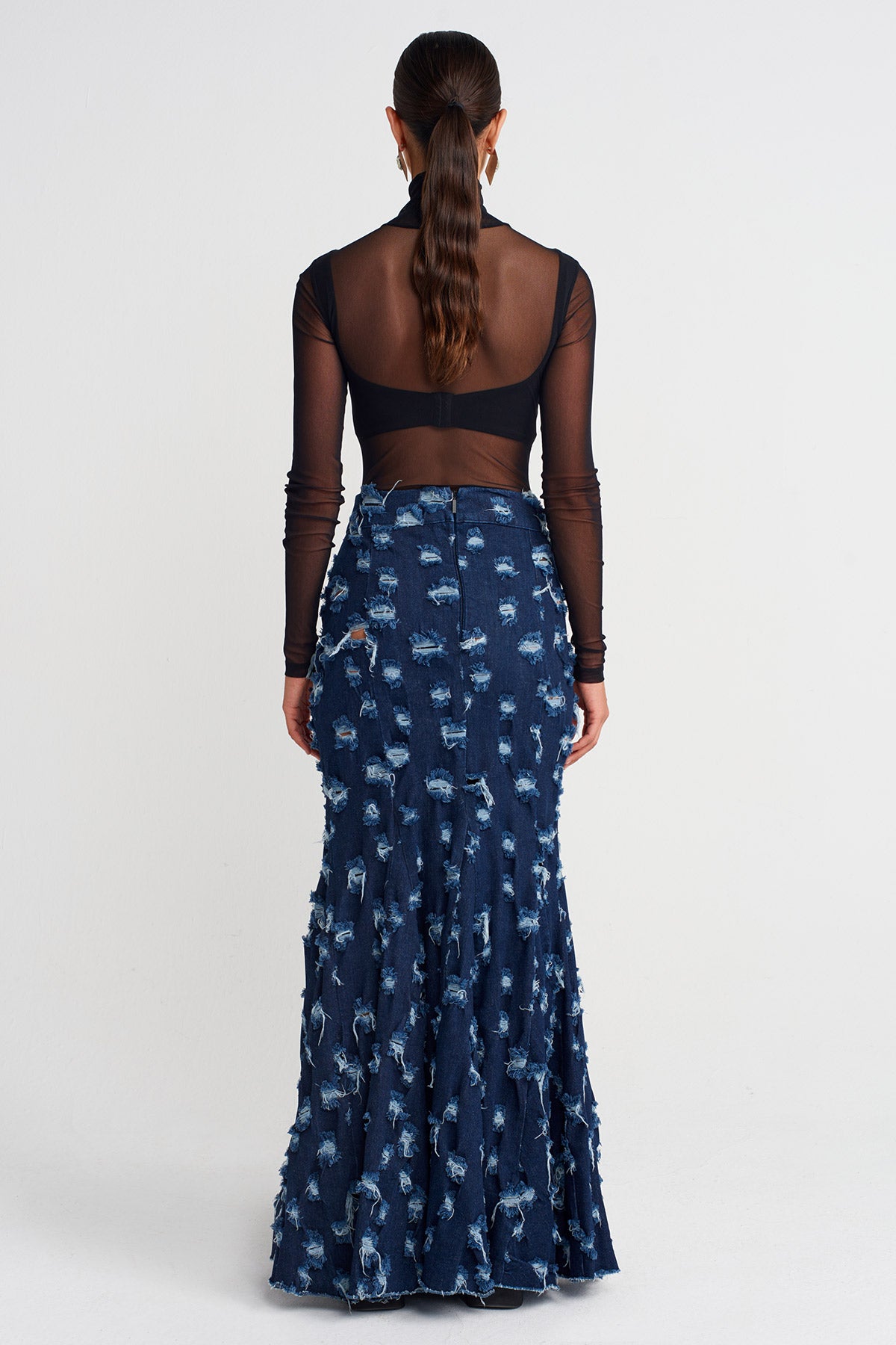 Indigo Ripped Fish Shape Denim Skirt-K252012022