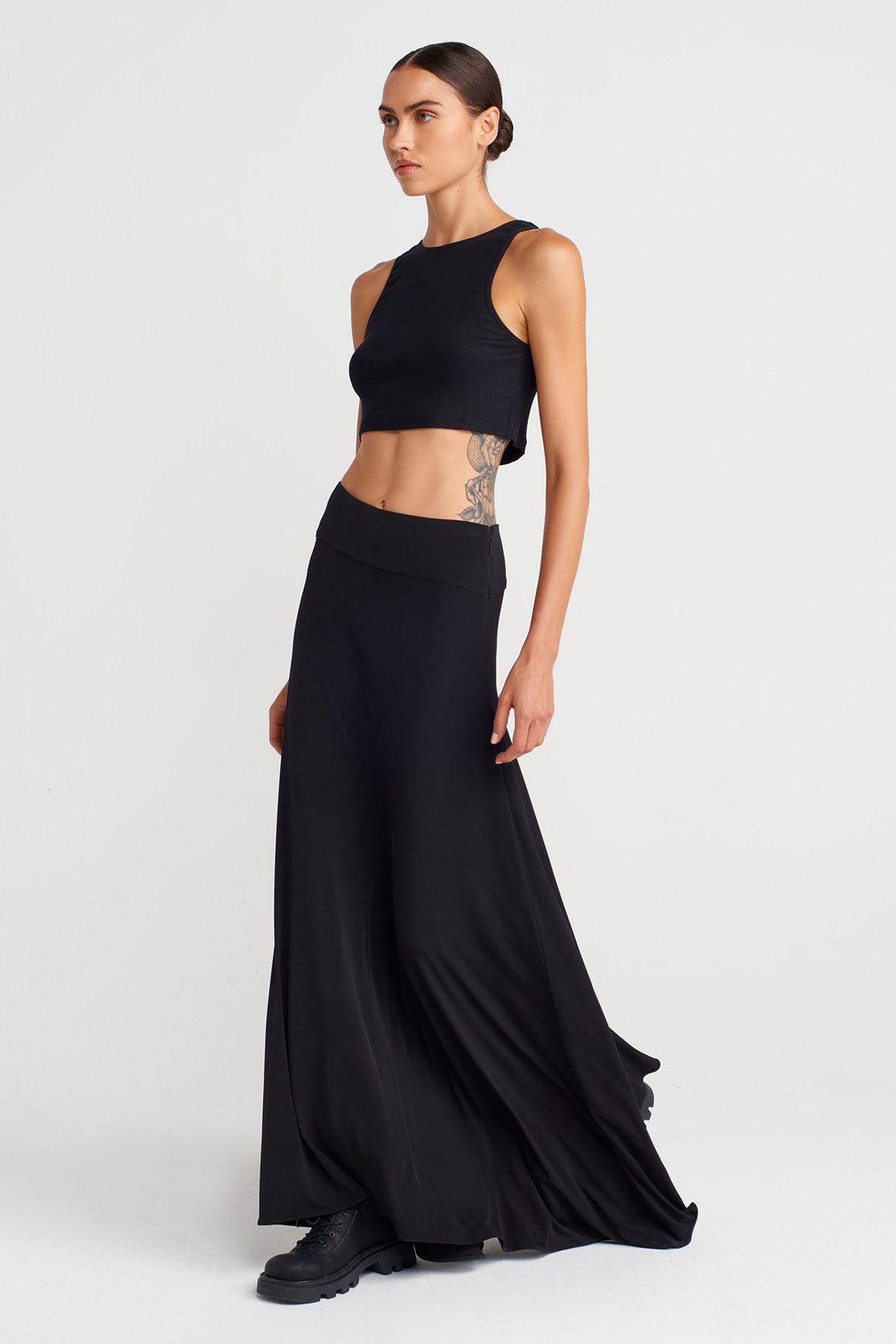 Black Long A-Cut Jersey Skirt-K252012027