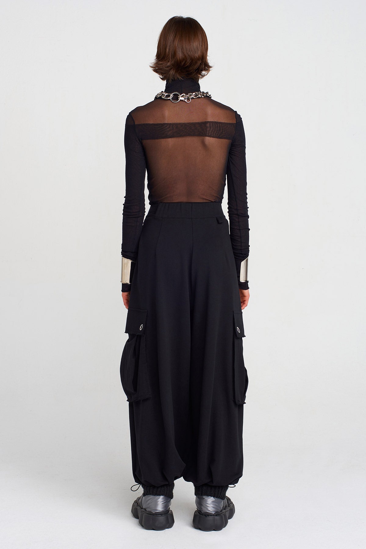 Siyah Paçaları Büzülen, Cepli Pantolon-K253013025