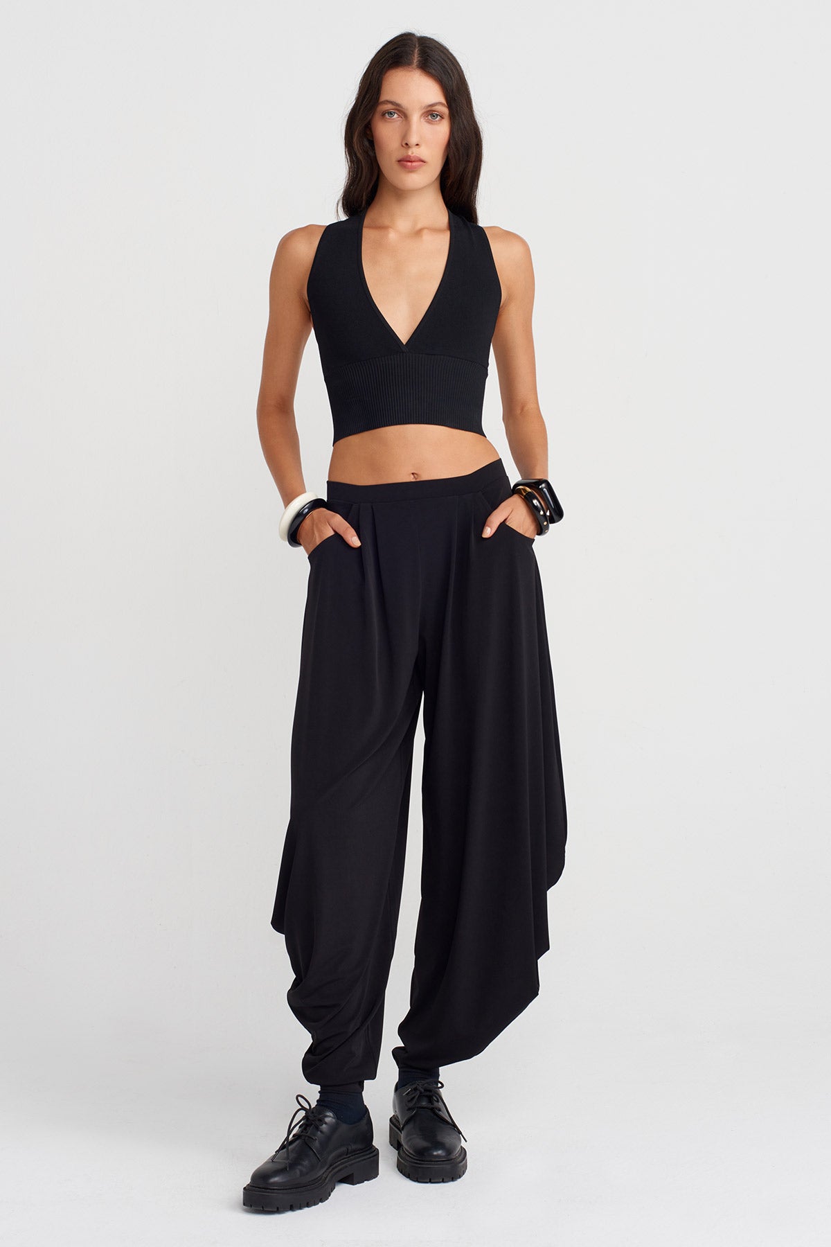 Black Draped Side Jersey Trousers-K253013076