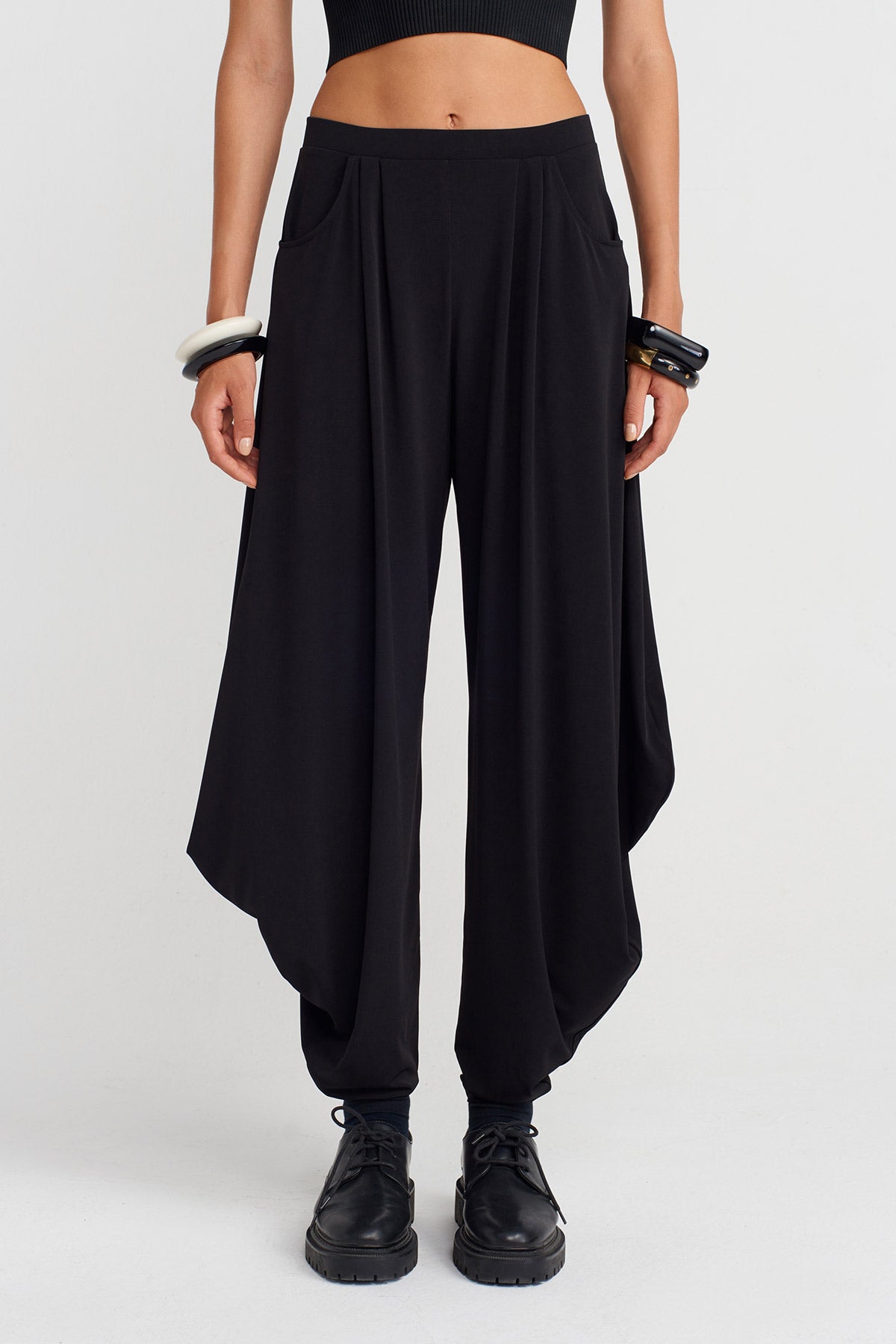 Black Draped Side Jersey Trousers-K253013076
