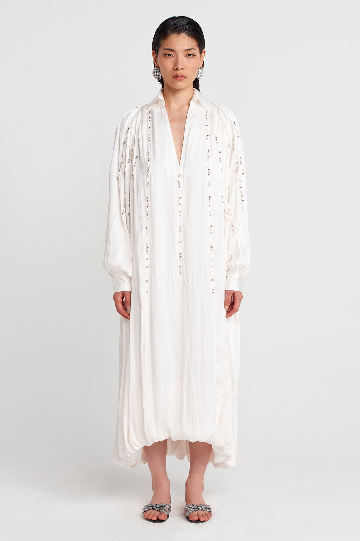 Off-White Shirt Collar, Balloon Skirt Embroidered Dress-K254014026