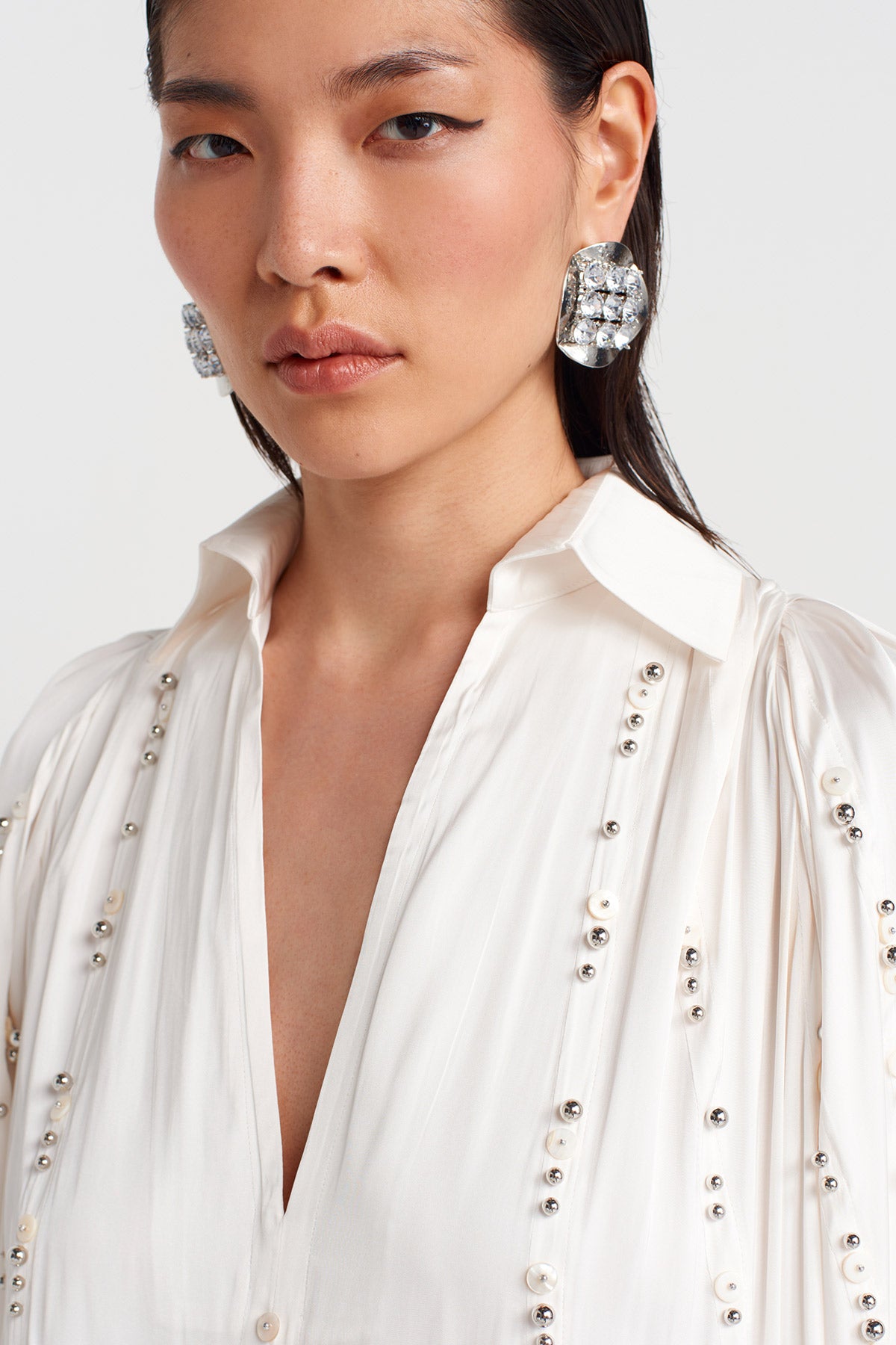 Off-White Shirt Collar, Balloon Skirt Embroidered Dress-K254014026