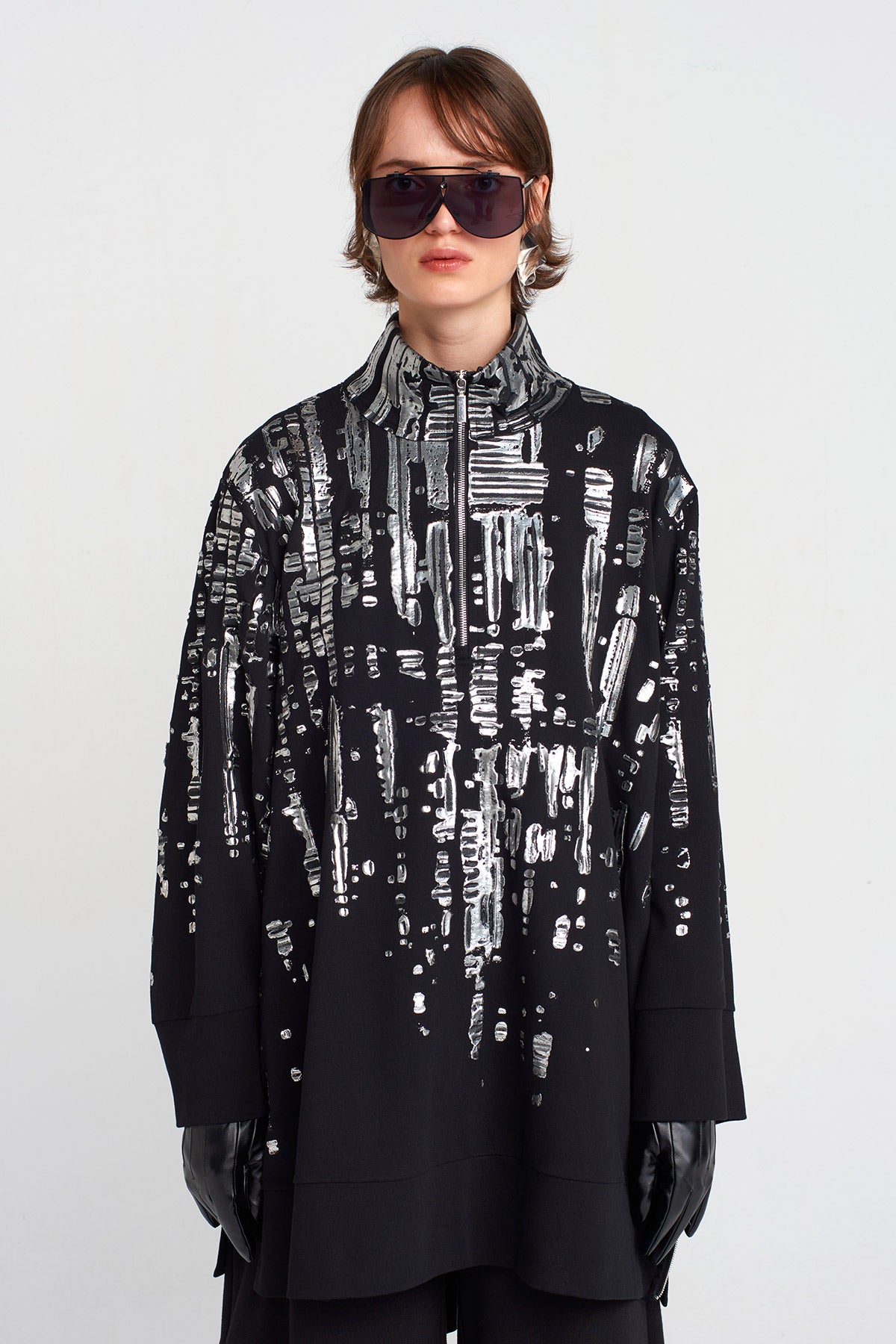 Black Puffy Silver Printed Short Dress-K254014037