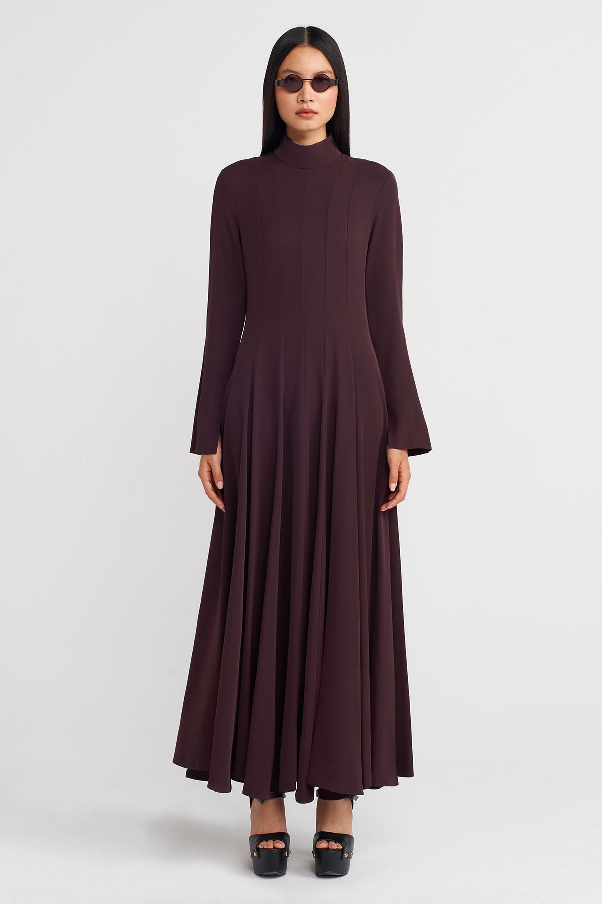 Koyu Mor Belden Oturan Uzun Elbise-K254014044