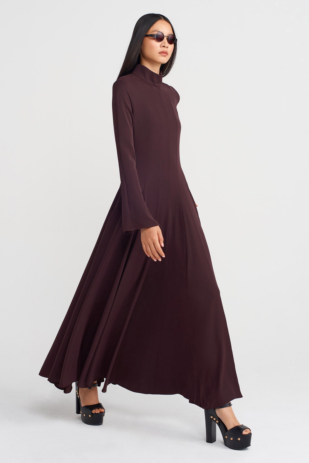 Koyu Mor Belden Oturan Uzun Elbise-K254014044