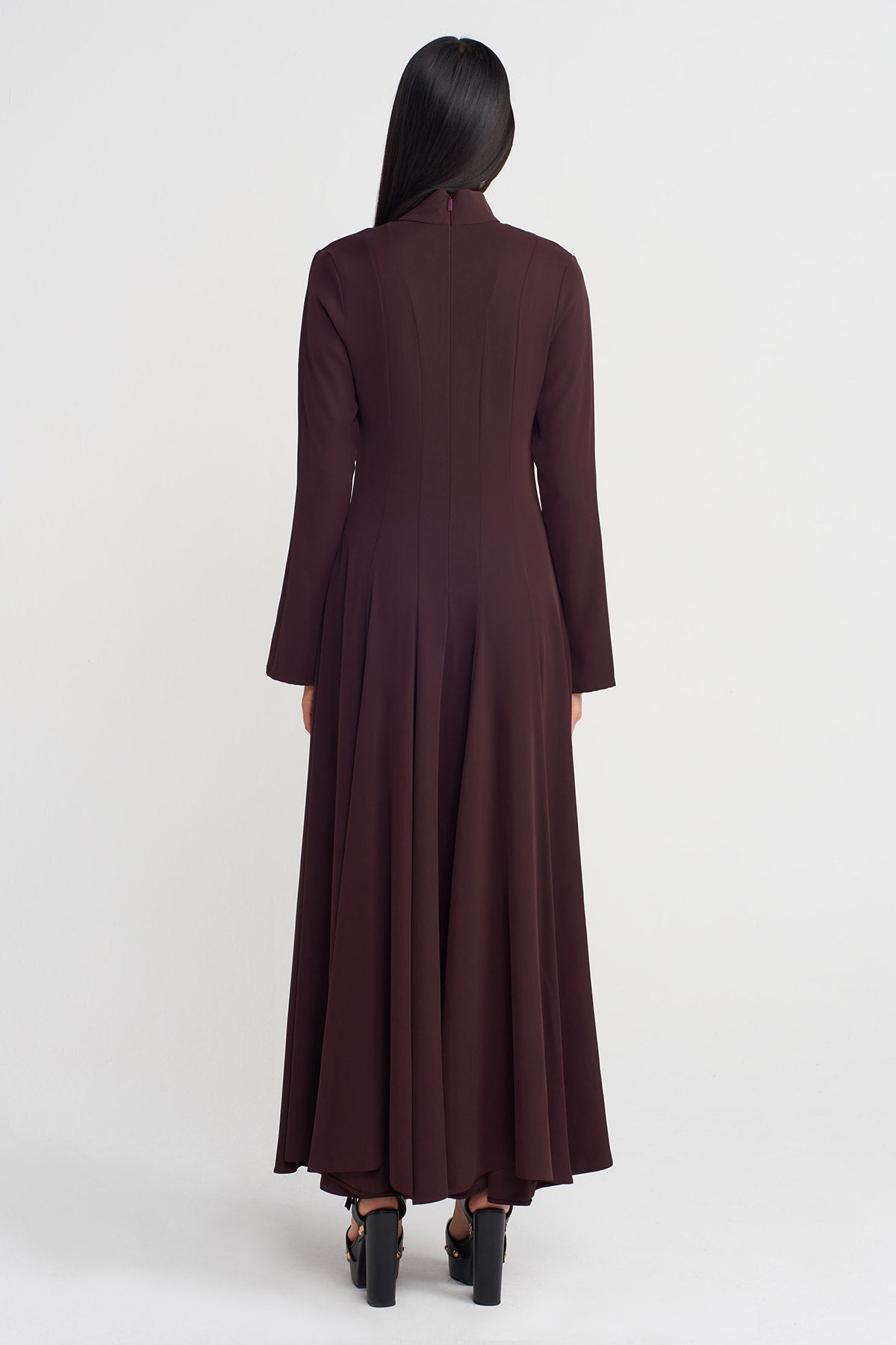 فستان طويل أرجواني داكن بخصر مرتفع - K254014044