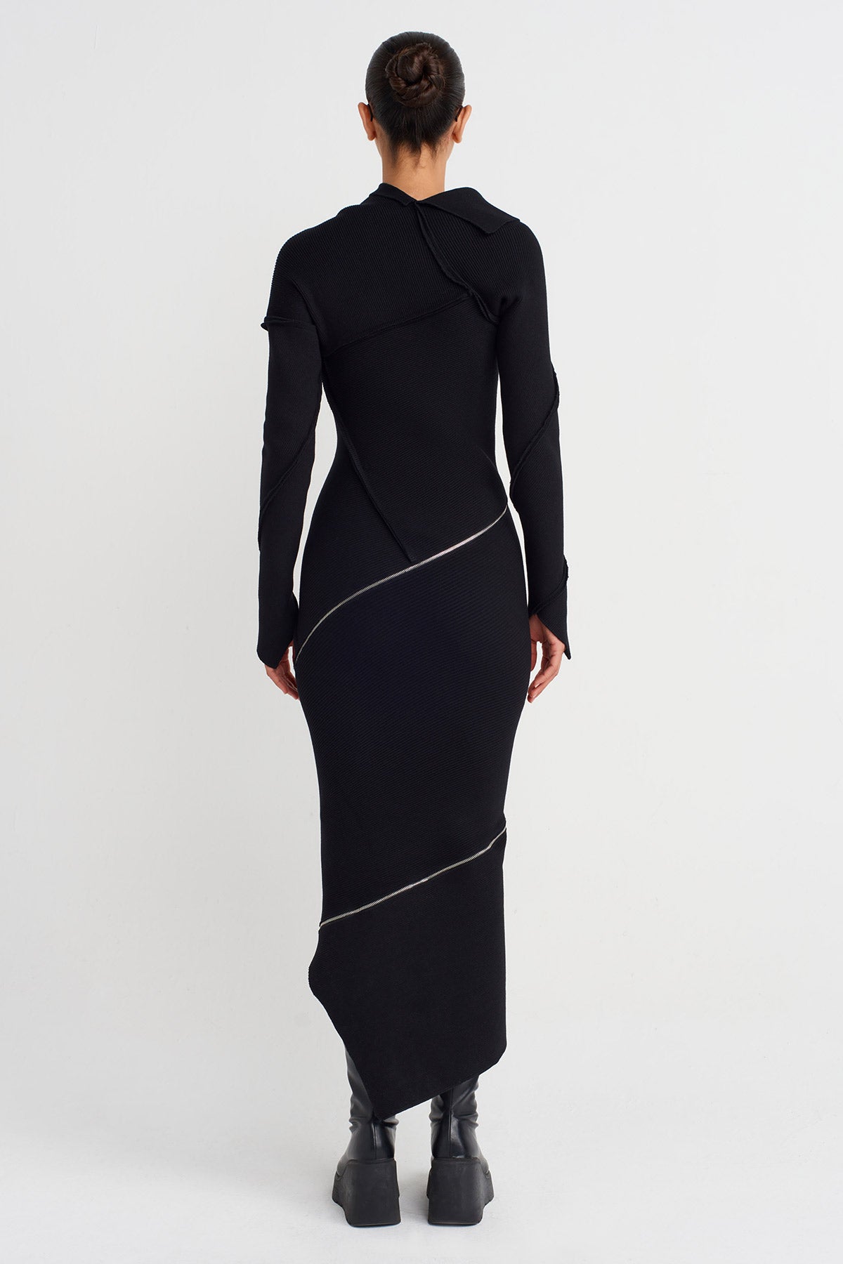 Black Asymmetrical Zipper Detailed Dress-K254014058