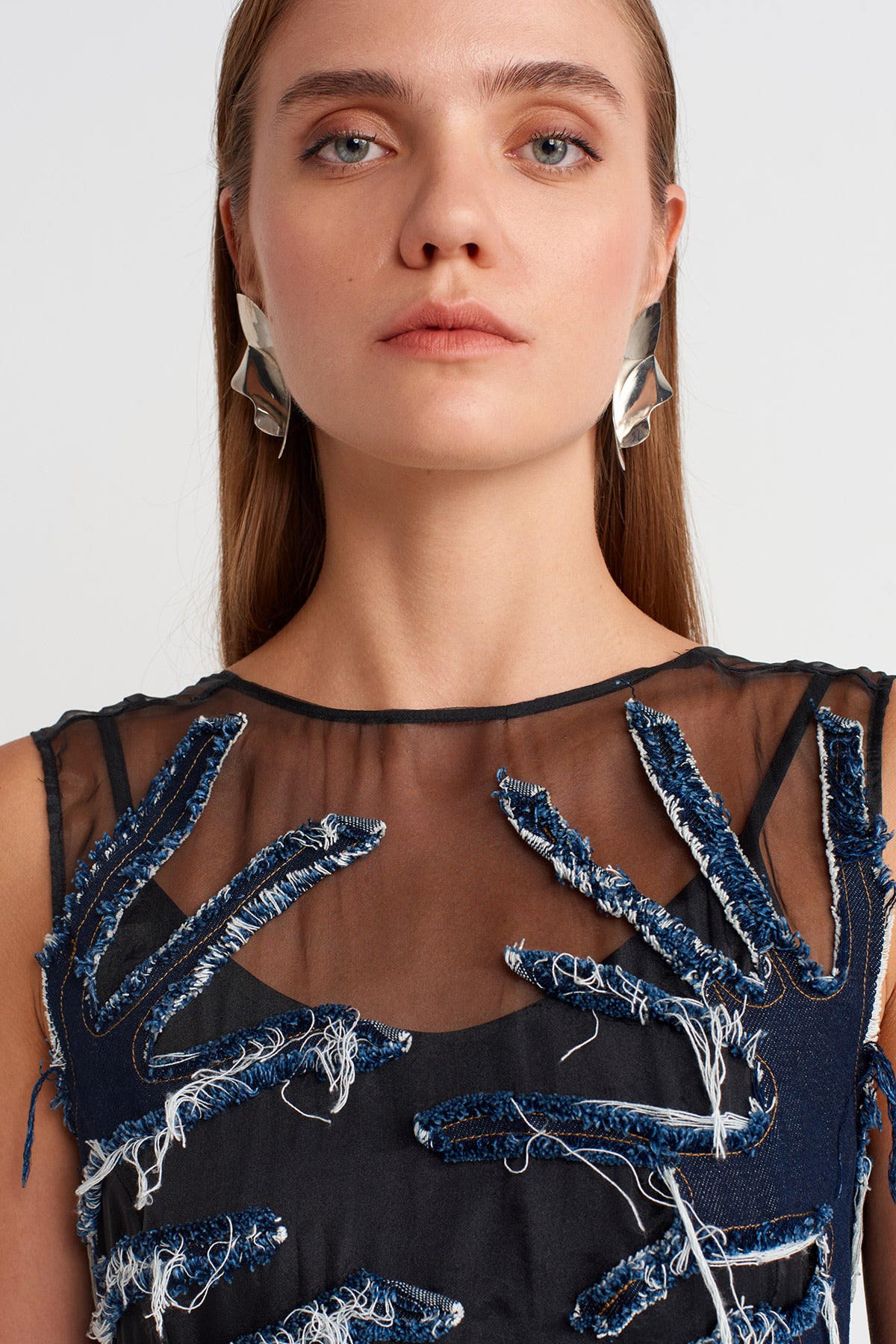 Siyah Denim Parçalı İpek Şifon Elbise-K254014075