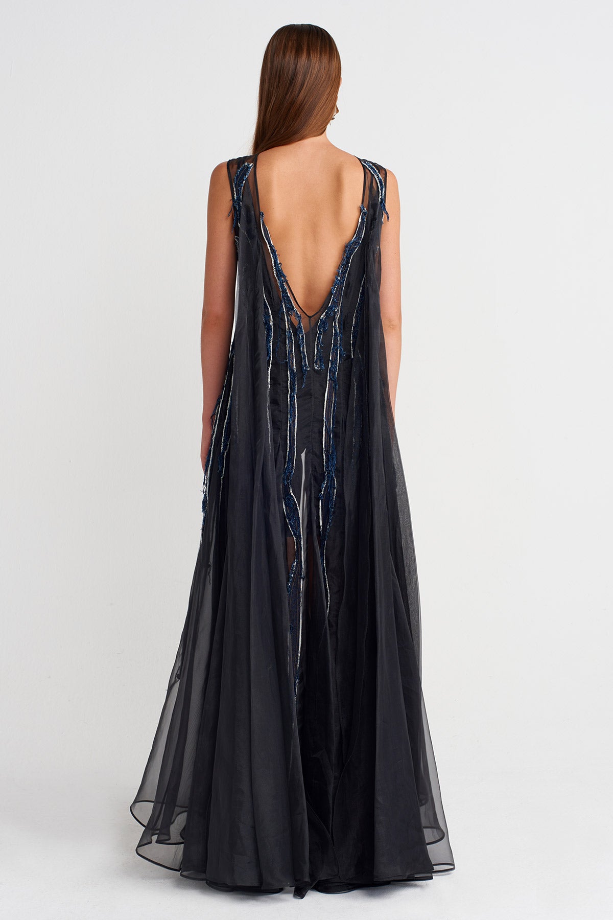 Siyah Denim Parçalı İpek Şifon Elbise-K254014075