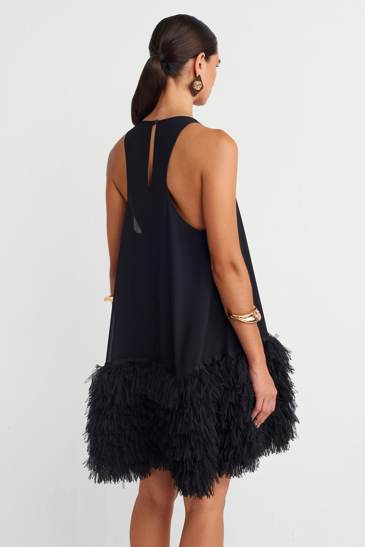 Siyah Tül Parçalı Siyah Elbise-K254014076