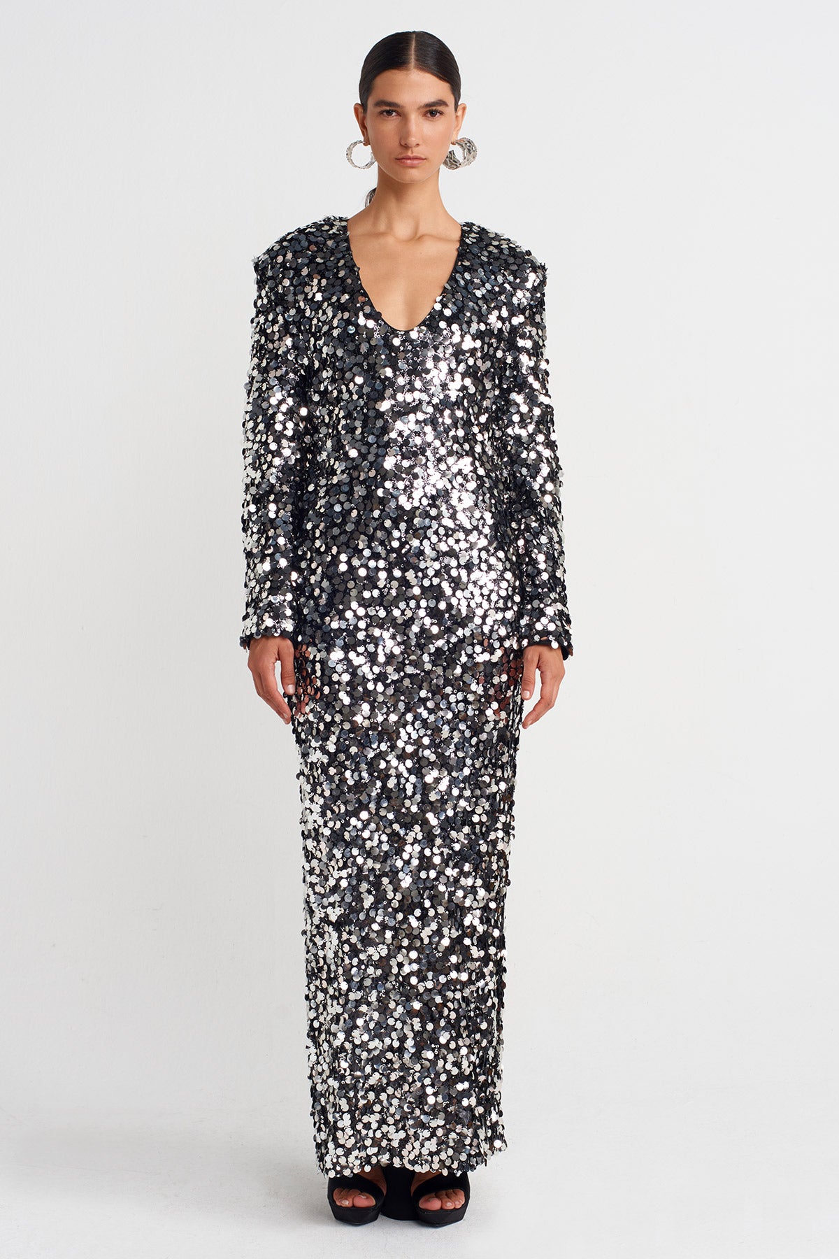 Payetli Arkası Yırtmaç Tül Detaylı Elbise-K254014079