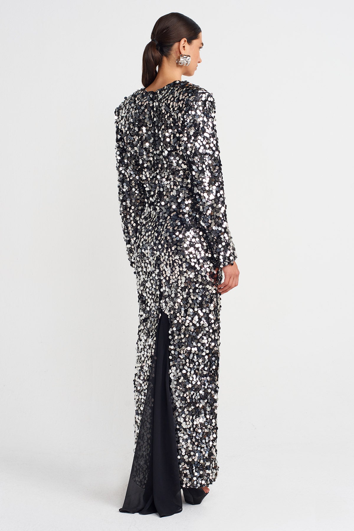 Payetli Arkası Yırtmaç Tül Detaylı Elbise-K254014079