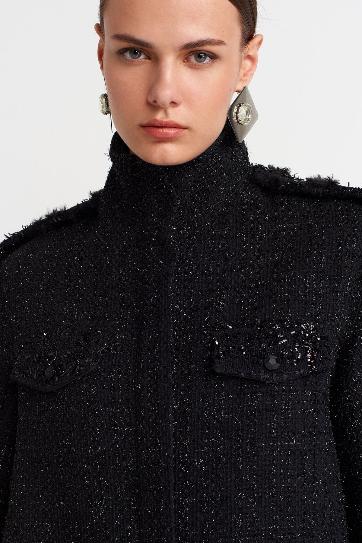 Siyah Askeri Detaylı Tweed Elbise-K254014096