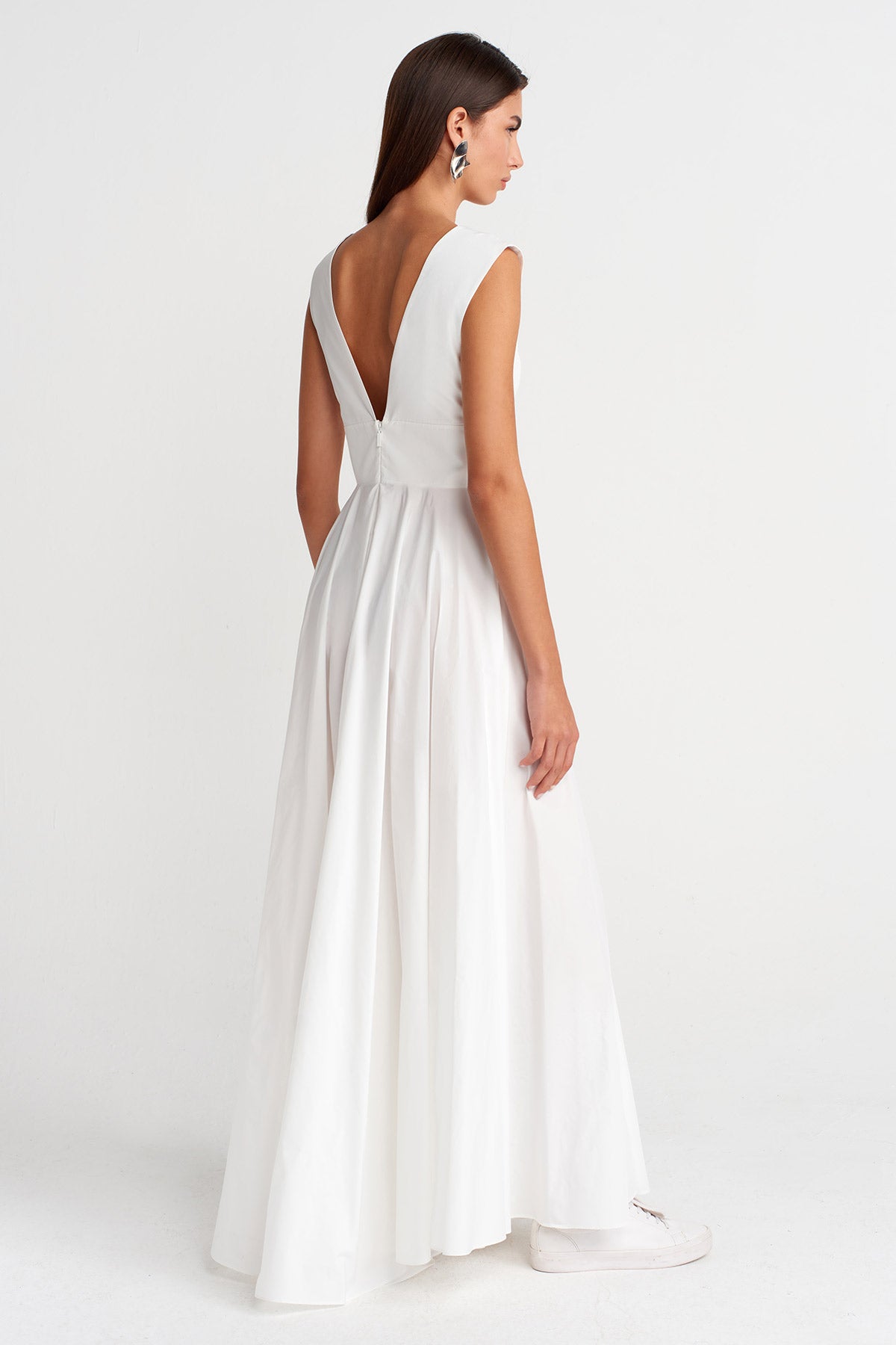 Off-White Thin Taffeta, Deep V-Neck Maxi Dress-K254014097