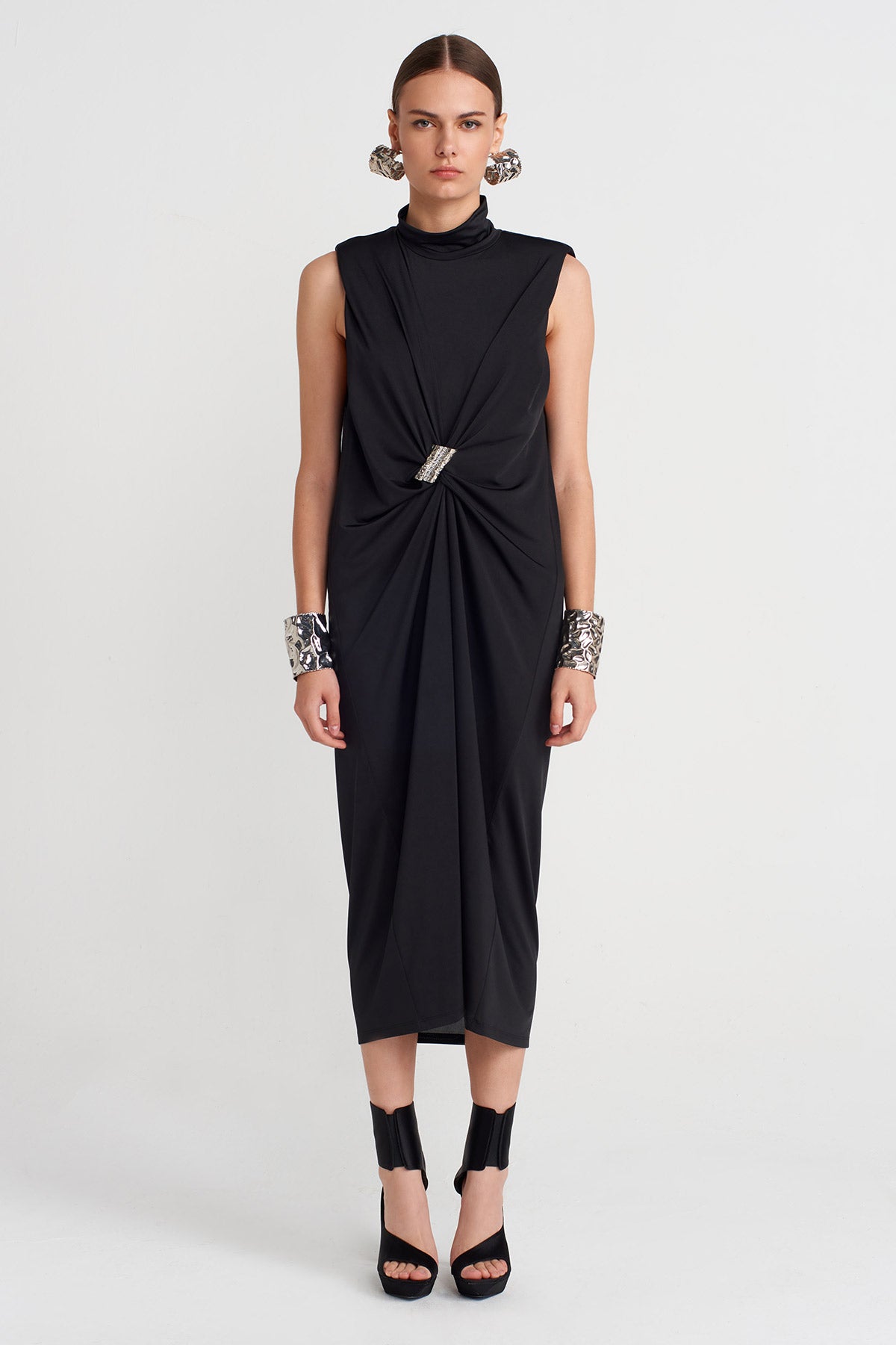 Black Draped Metal Buckle Dress-K254014098