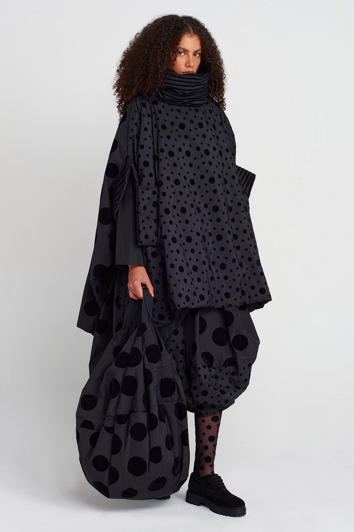 Multicolor Velvet Polka Dot Patterned Oversize Padded Jacket-K255015037