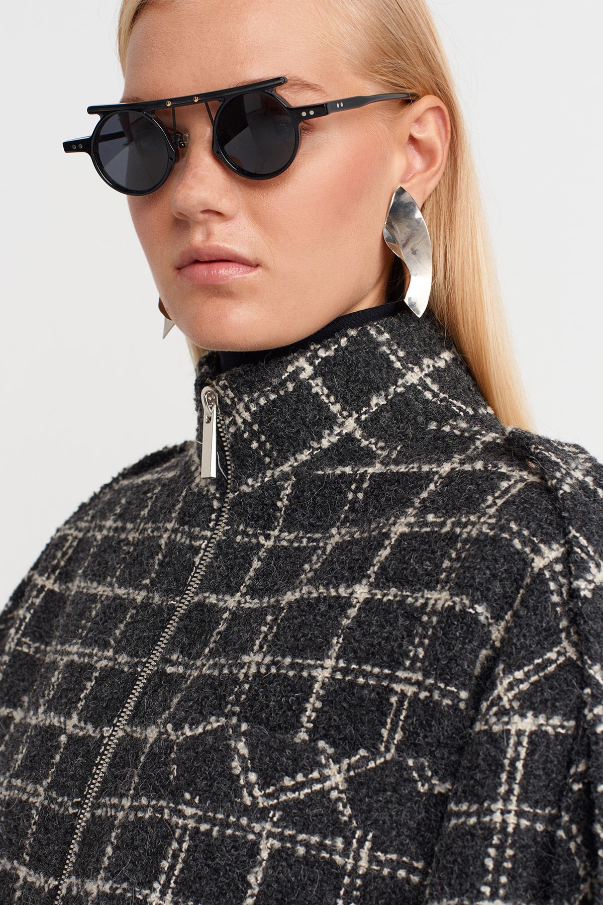 Gri/Beyaz Ekose Tüvit Ceket-K255015053