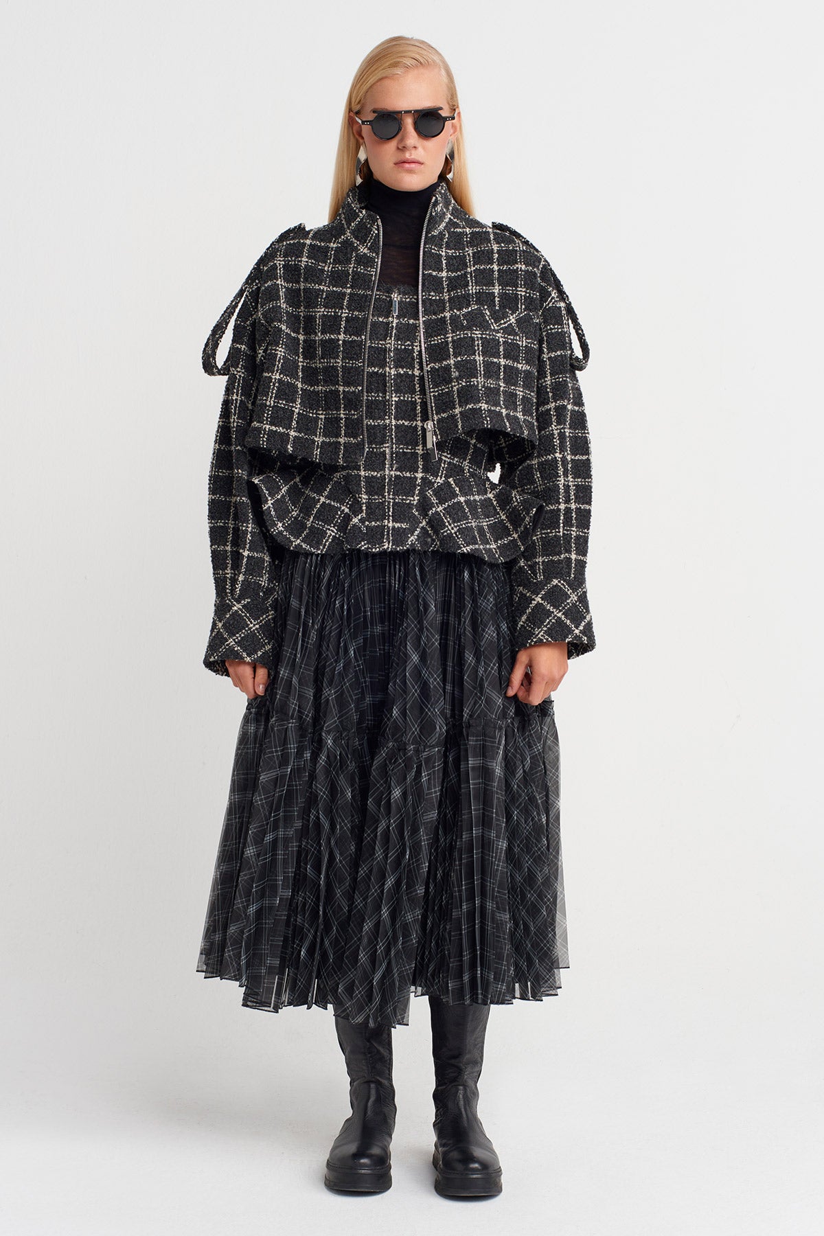 Gri/Beyaz Ekose Tüvit Ceket-K255015053