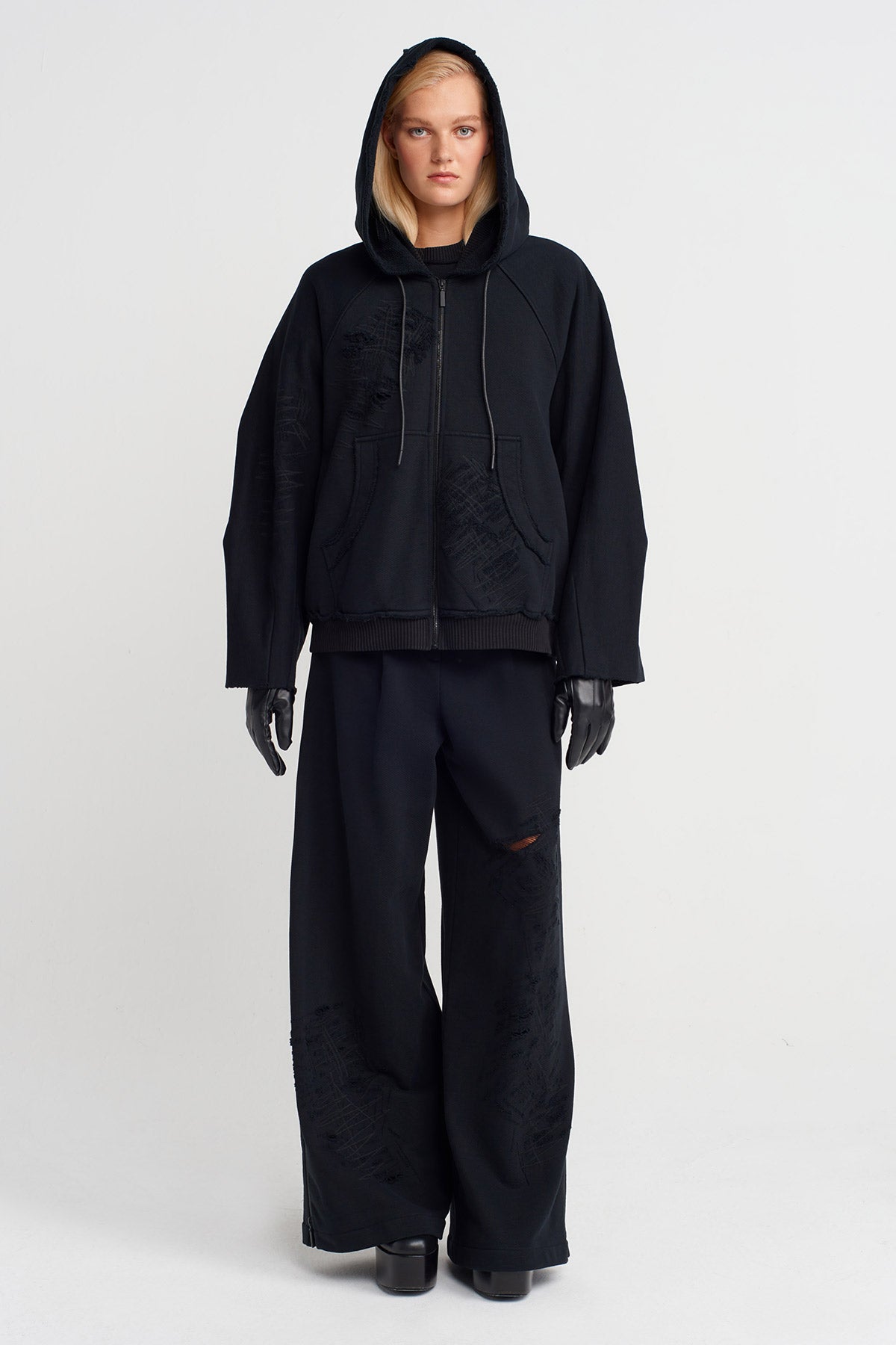 Black Textured Oversize Sweatshirt-K255015064