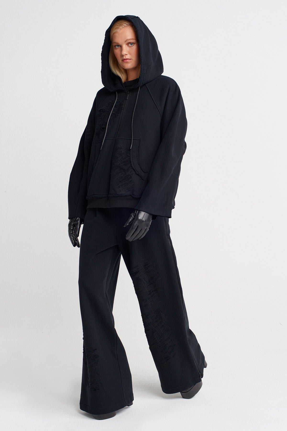 Black Textured Oversize Sweatshirt-K255015064