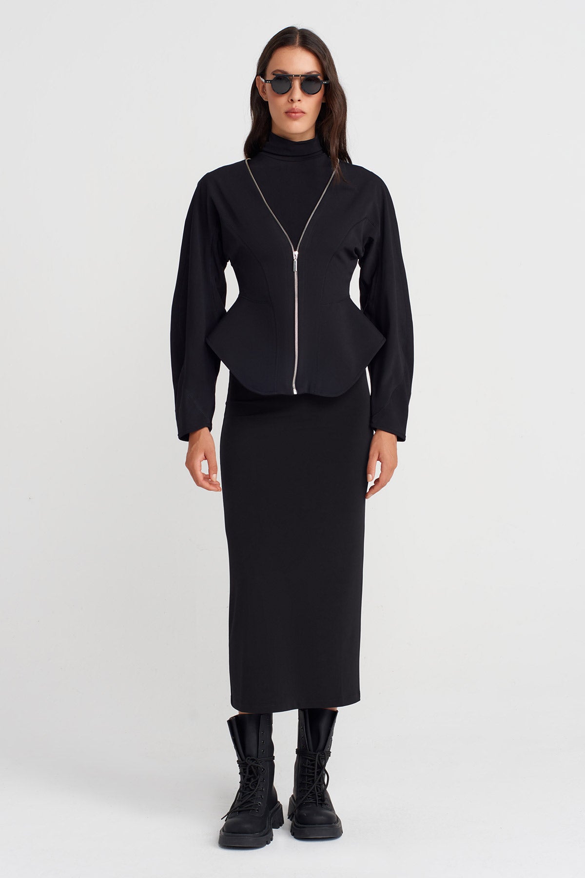 Siyah Bele Oturan Fermuarlı Jarse Ceket-K255015103