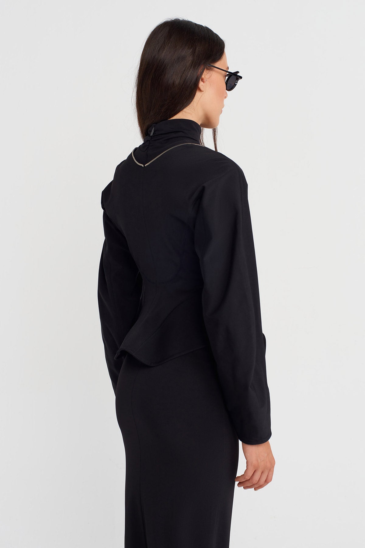 Siyah Bele Oturan Fermuarlı Jarse Ceket-K255015103