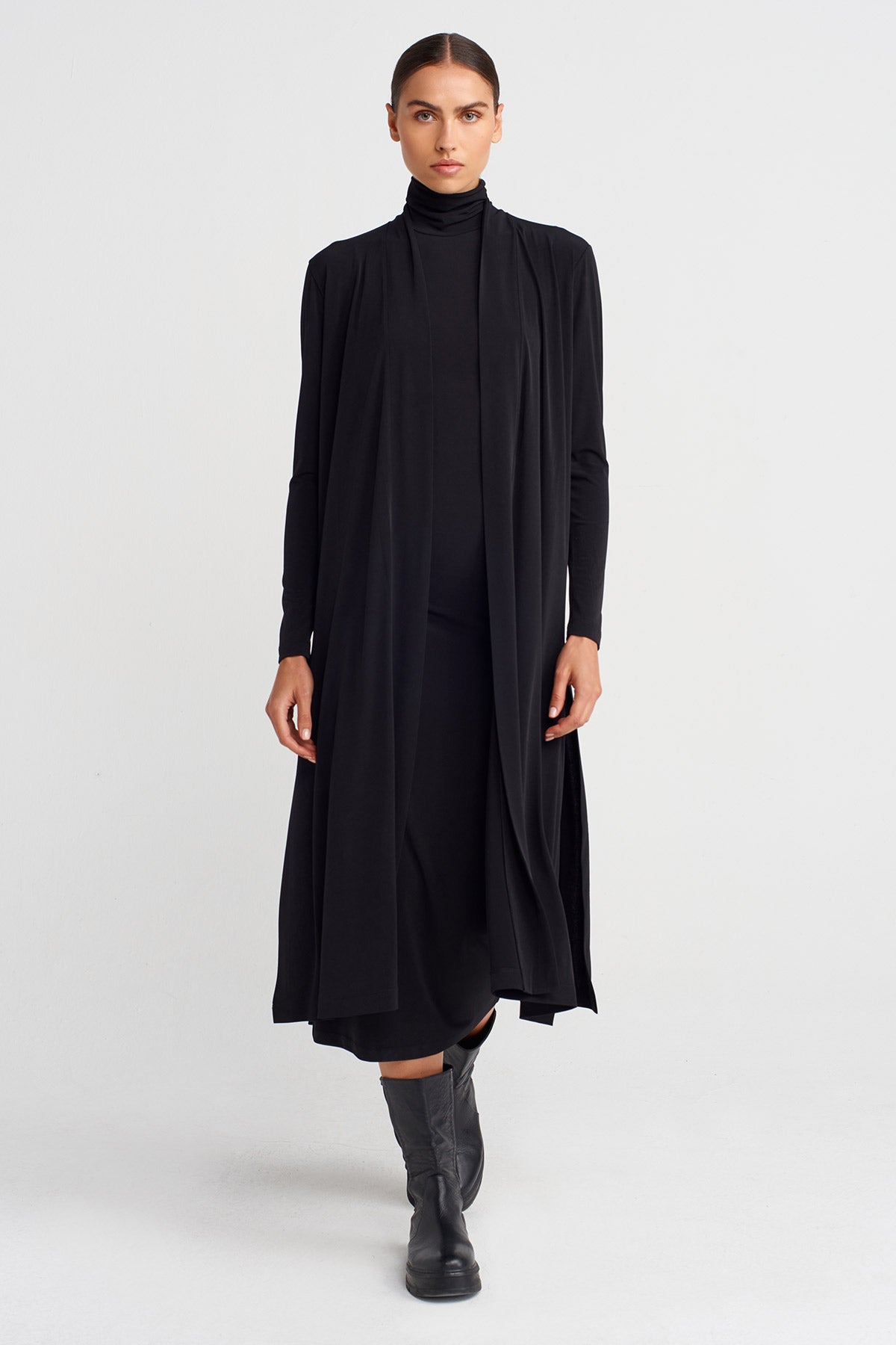 Black Long Back Slit Jersey Cardigan-K255015104